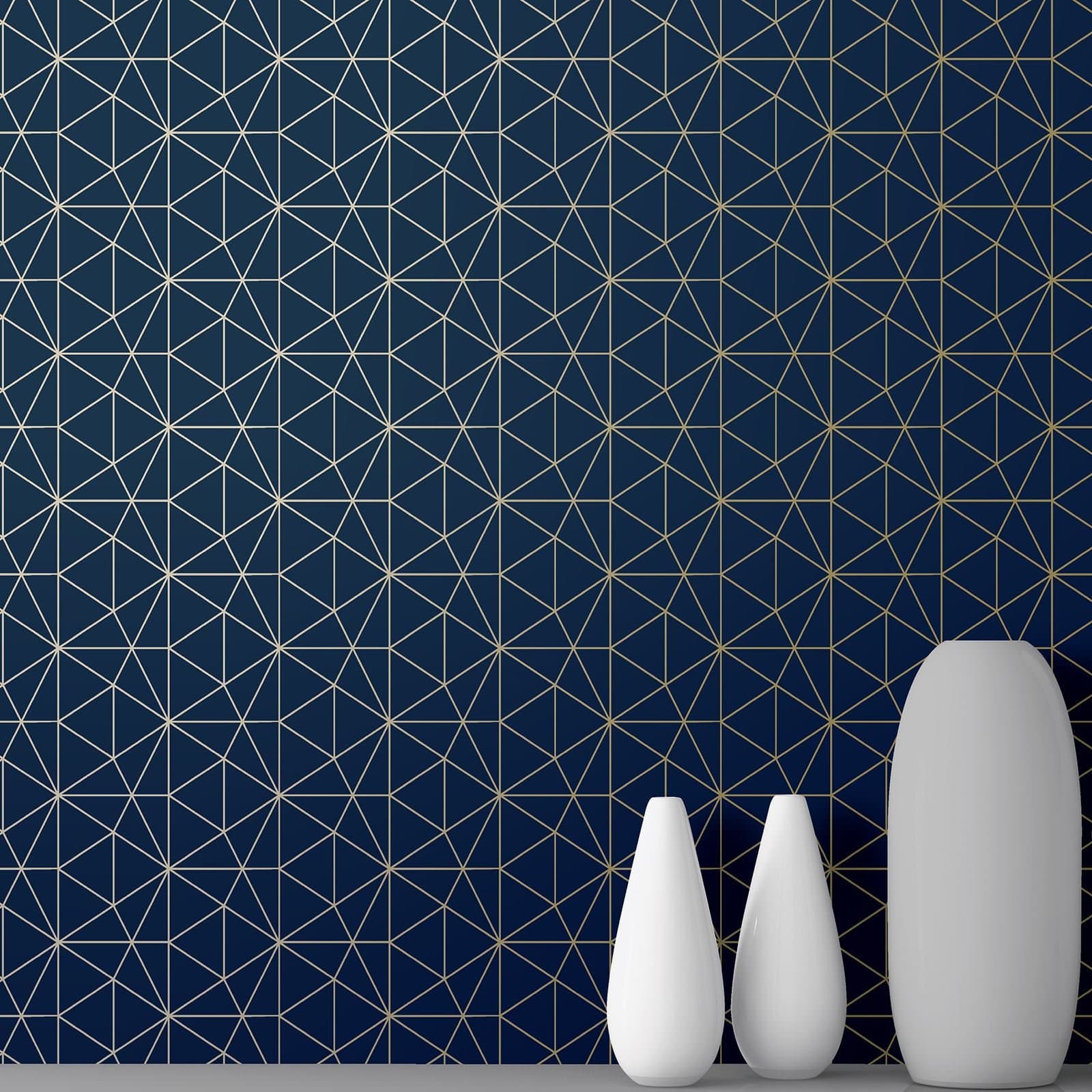 Metro Prism Geometric Metallic Contemporary Modern Triangle Wallpaper Livingroom Bedroom Lounge Hallway - Navy Blue and Gold - WOW008 World of Wallpaper