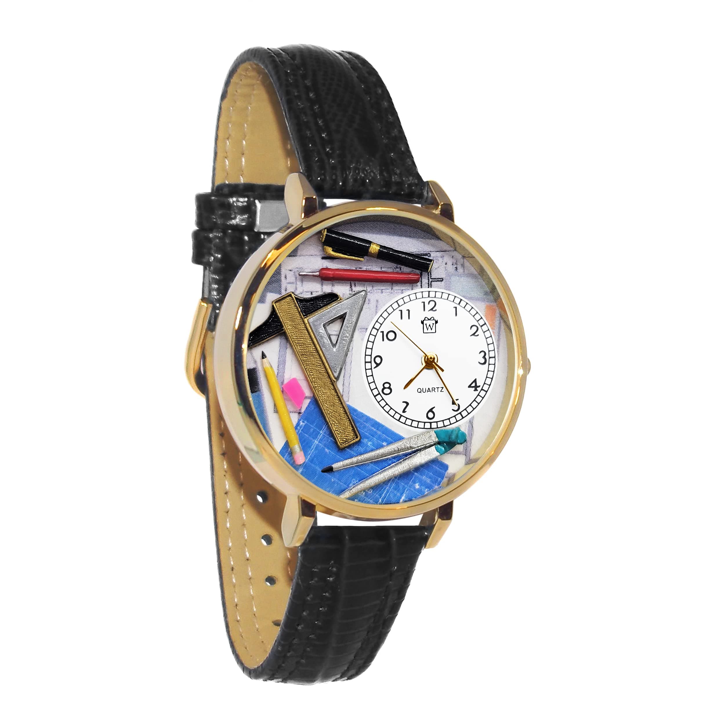 Whimsical GiftsMen's Architect 3D Watch | Gold or Silver Finish Large | Unique Fun Novelty | Handmade in USA | Black Leather Watch Band