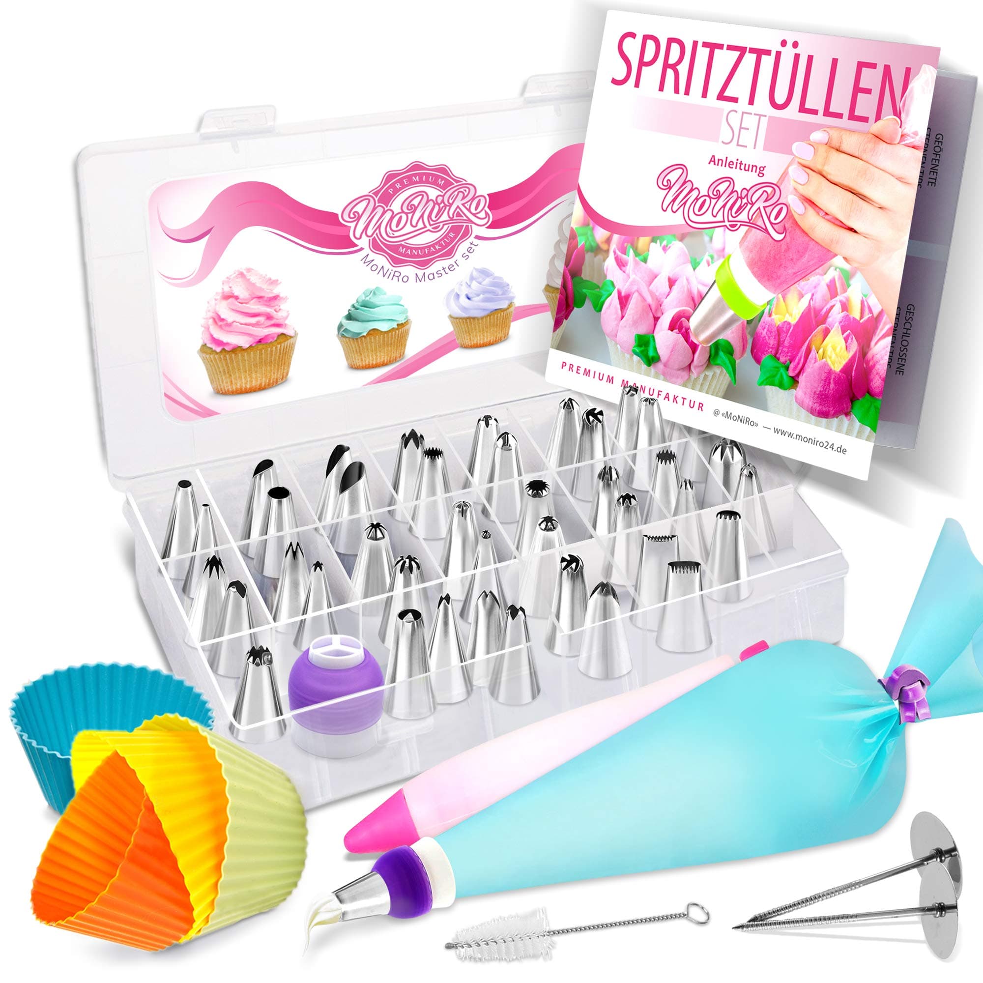 MoNiRo 71-Piece Piping Nozzle Set with 48 Stainless Steel nozzles & Silicone Piping Bag - Professional Baking Accessories with Cupcake Cases & Disposable Piping Bags - Decoration Syringe for Cakes