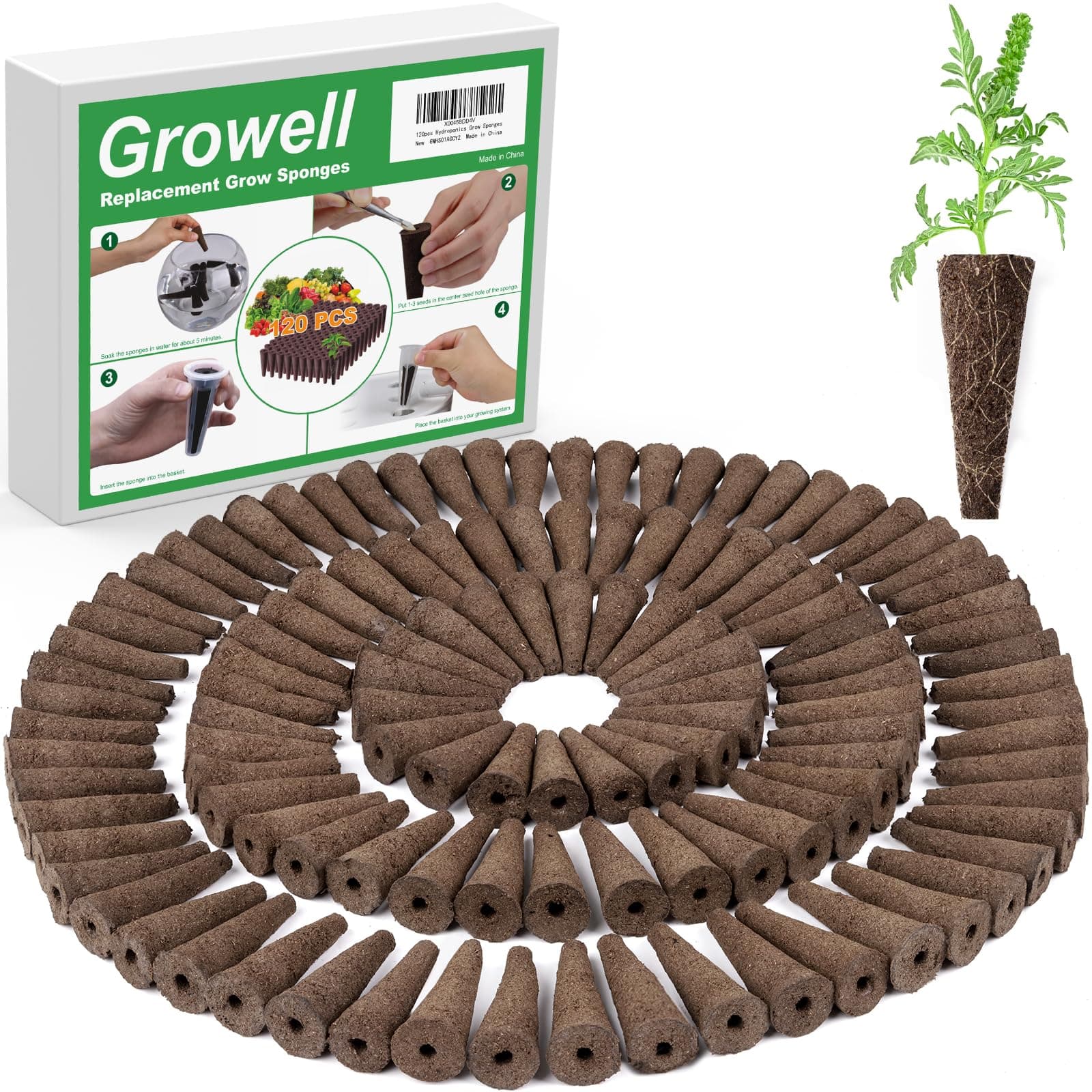 Growell Grow Sponges, 120 Pack Hydroponic Pods, Seed Pods Replacement Sponges Compatible with Aerogarden and Others, Hydroponic sponges for All Indoor Hydroponics Growing System