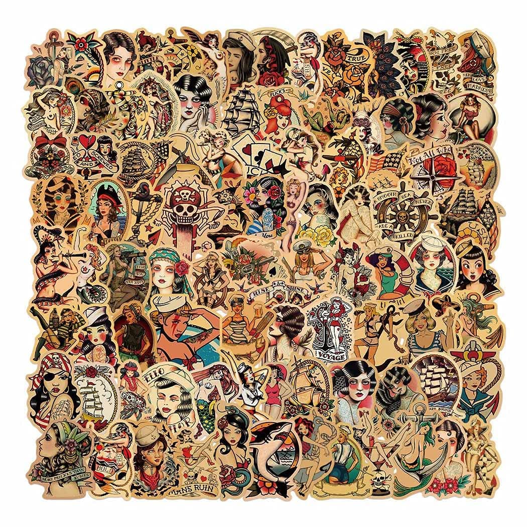 QIYUYA Vintage Stickers 100pcs Sailor Jerry Sticker Pack for Adults Vinyl Waterproof Retro Pinup Girl Deals for Laptop Water Bottle Hydro Flask Car Motorcycle Guitar Phone Luggage Men Decoration Sexy