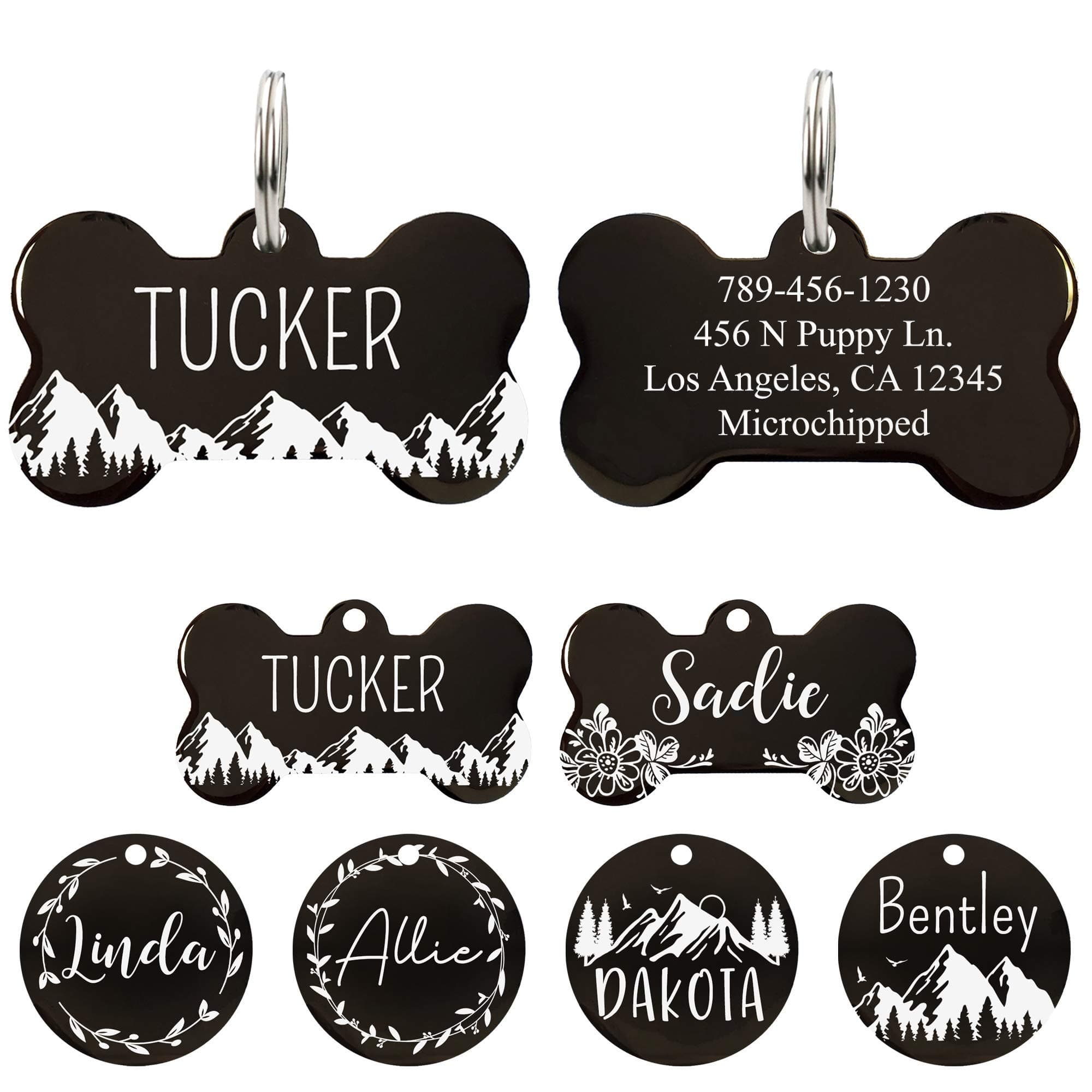 Ultra Joys Stainless Steel Pet ID Tag Dog Name Tags Personalized Front and Back Engraving, Customized Dog Tags and Cat Tag, Optional Engraved on Both Sides, Bone Tag with Mountain Design, Large