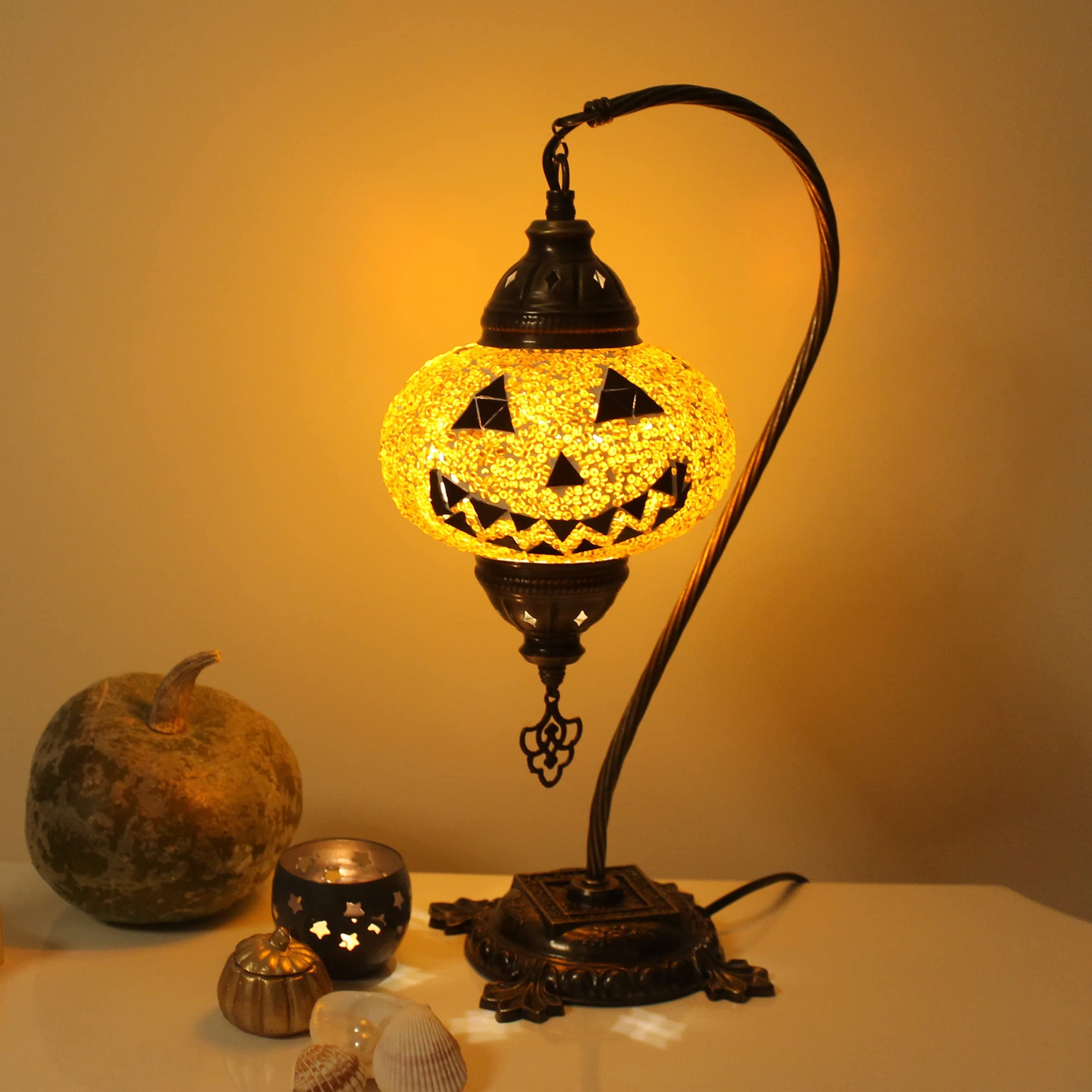 Halloween Decorations Pumpkin Glass Lamp - Handmade Turkish Mosaic - Orange Swan Neck Pumpkin Lamp Shade - Home Decor for Holiday Party