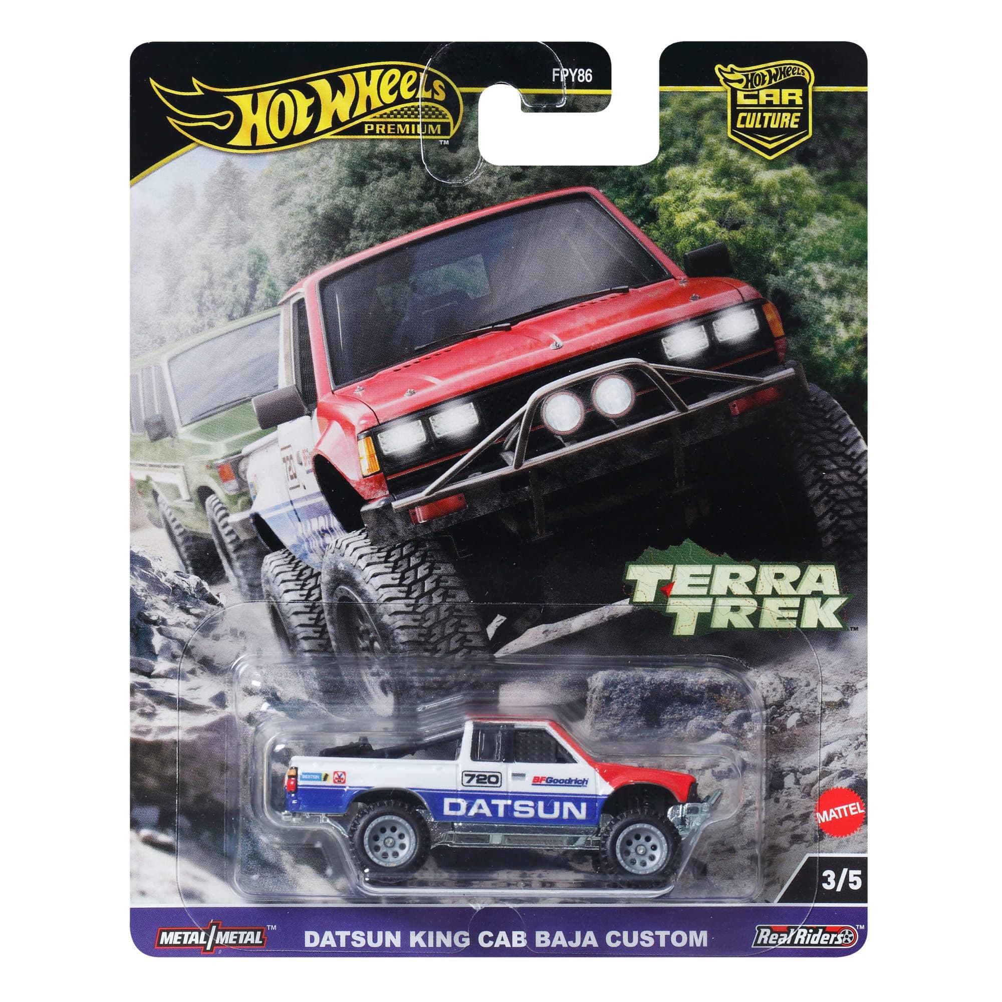 Premium Car Culture Collectible Toy Car, 1:64 Scale Die-Cast Datsun King Cab Baja Custom, Terra Trek Vehicle with Real Riders Tires