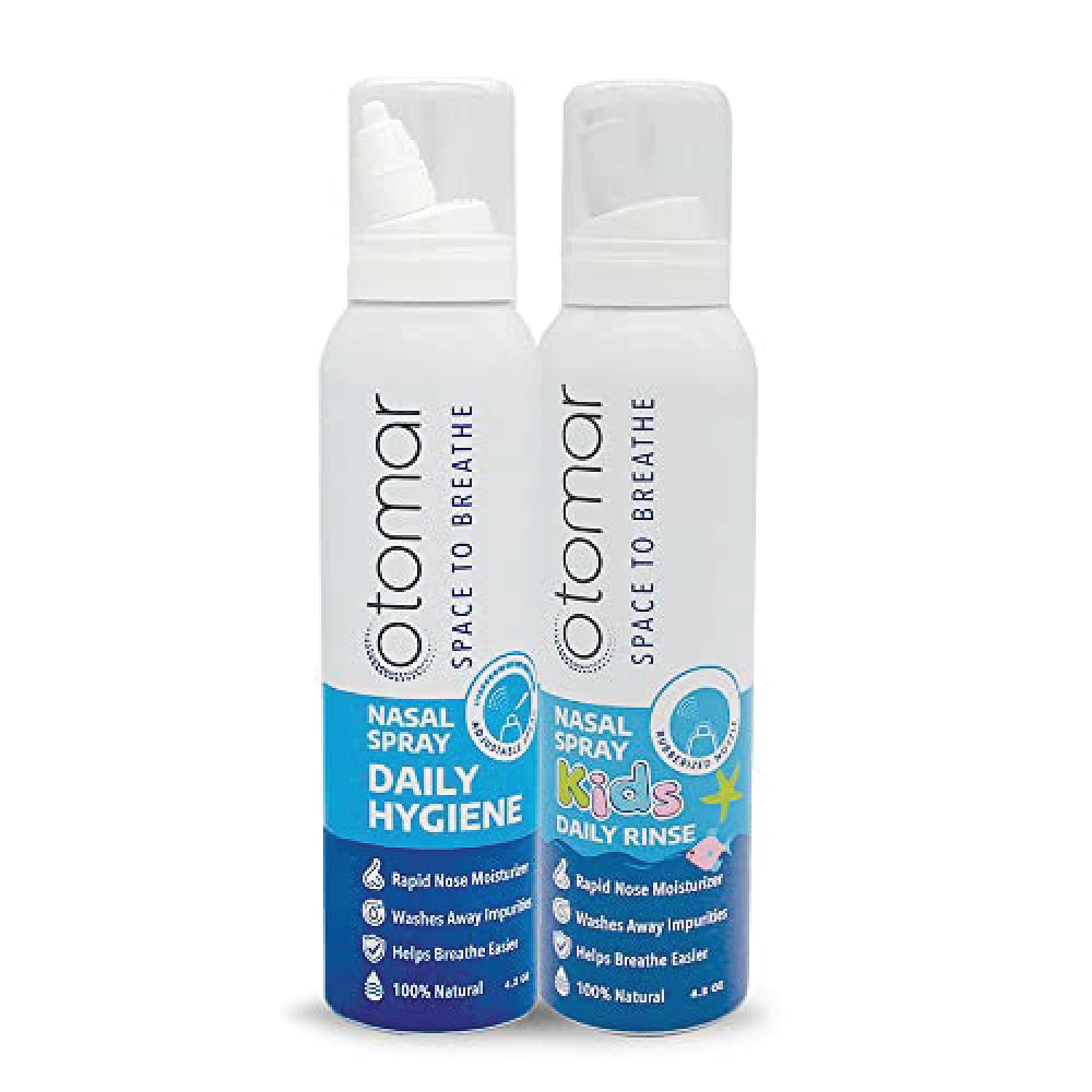 Otomar Family Hygiene Saline Nasal Sprays Bundle, Daily Hygiene Adults & Daily Rinse Kids, Nasal Irrigation Saline Solution, Nasal Wash for Stuffy Nose, Dry Nose and Allergy Relief, 4.2 oz Pack of 2