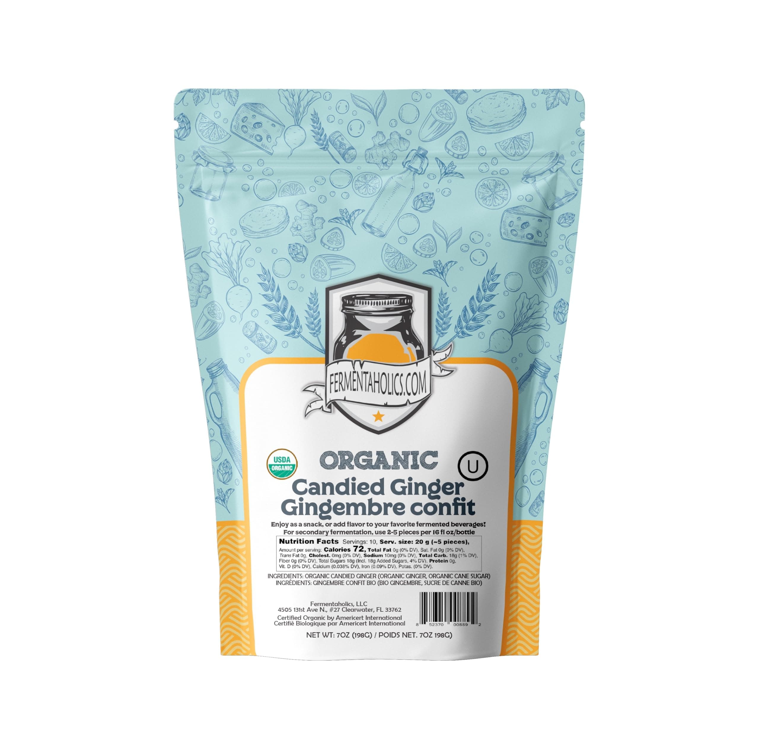 Fermentaholics USDA Certified Organic Candied Ginger, 7 oz – For Snacking, Baking, Cocktails, Drinks, and Fermentation - Great for Secondary Fermentation & Kombucha Flavoring