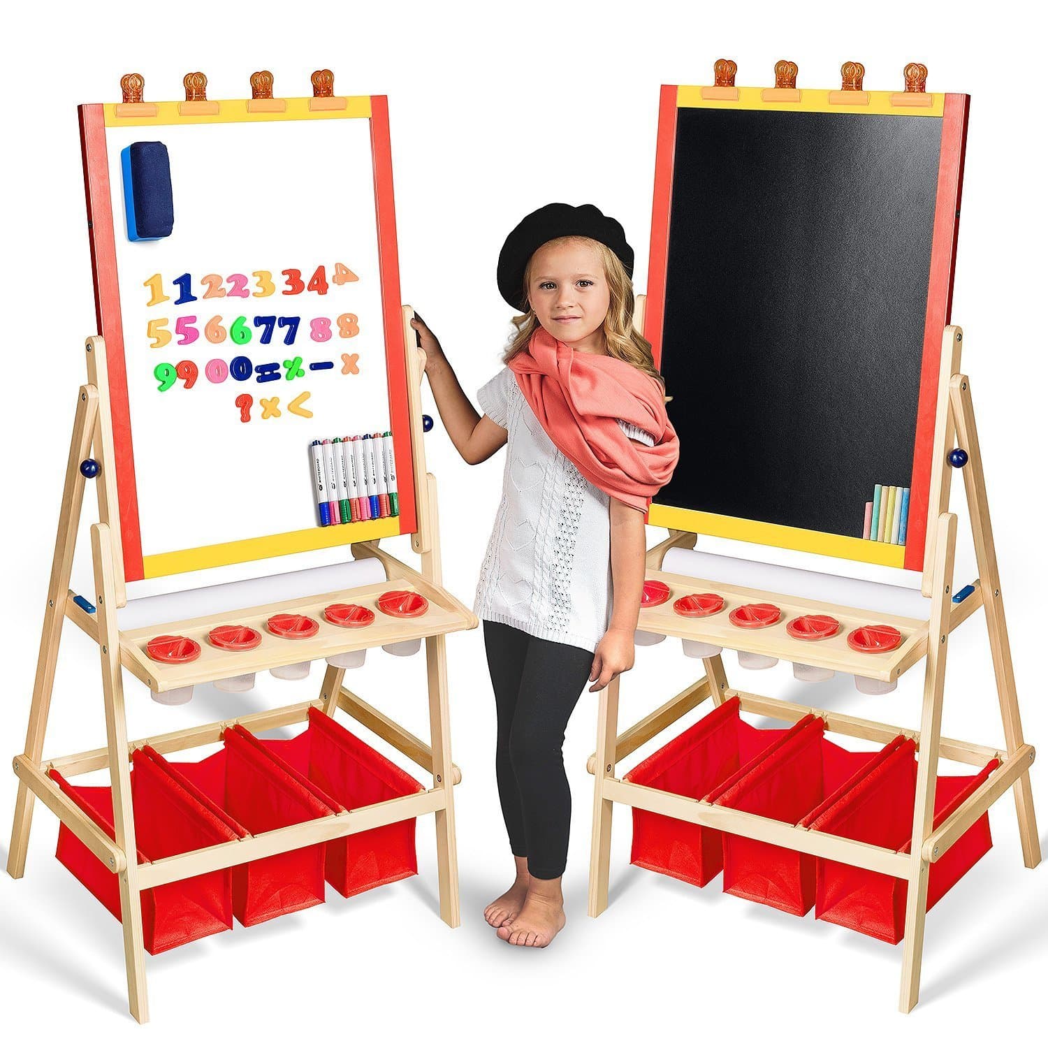 Kids Easel with Paper Roll +Free Art Supplies - Childrens Wooden Painting and Drawing Easel with Chalkboard & Magnetic Dry Erase Board with Storage