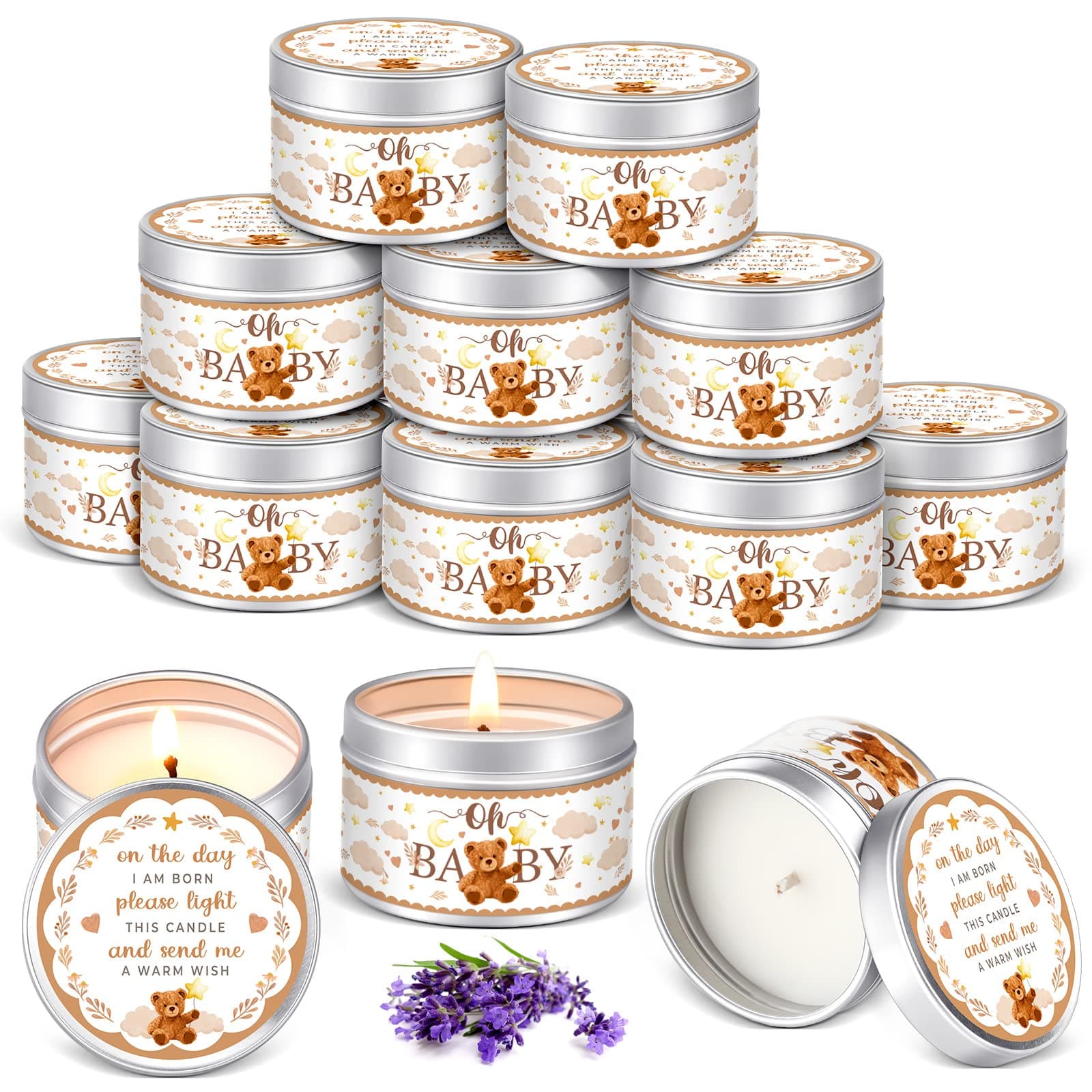 Funtery 12 Pcs Baby Shower Party Favors Candles Lavender Scented Baby Shower Favors for Guests Bear Floral Rustic Tea Lights Candles Gender Reveal Candle for Girl Boy Baby Shower Return Gifts(Bear)