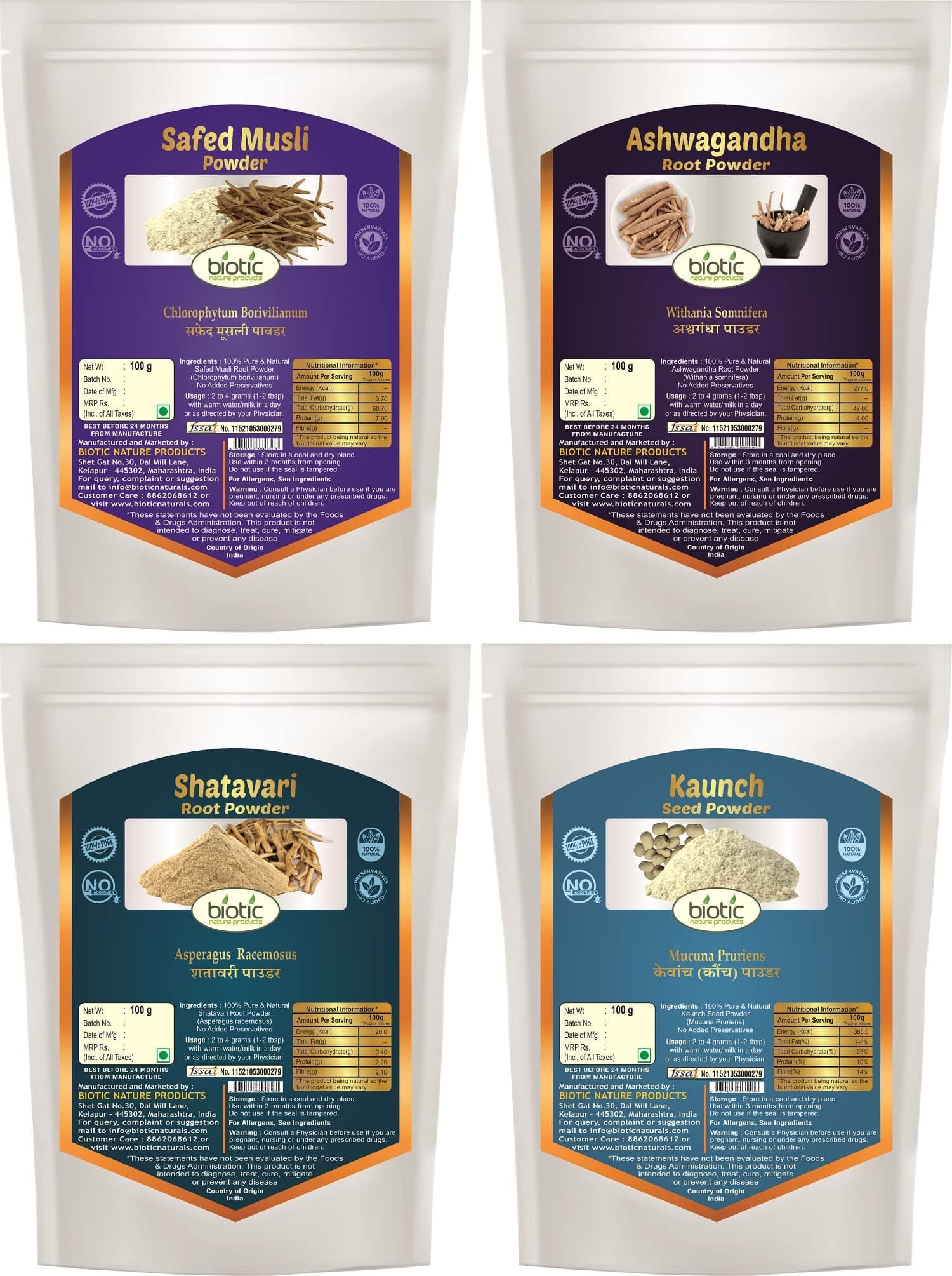Biotic Natural Safed Musli, Ashwagandha, Shatavari and Kaunch Beej Powder - 400gms Combo (100gm each)