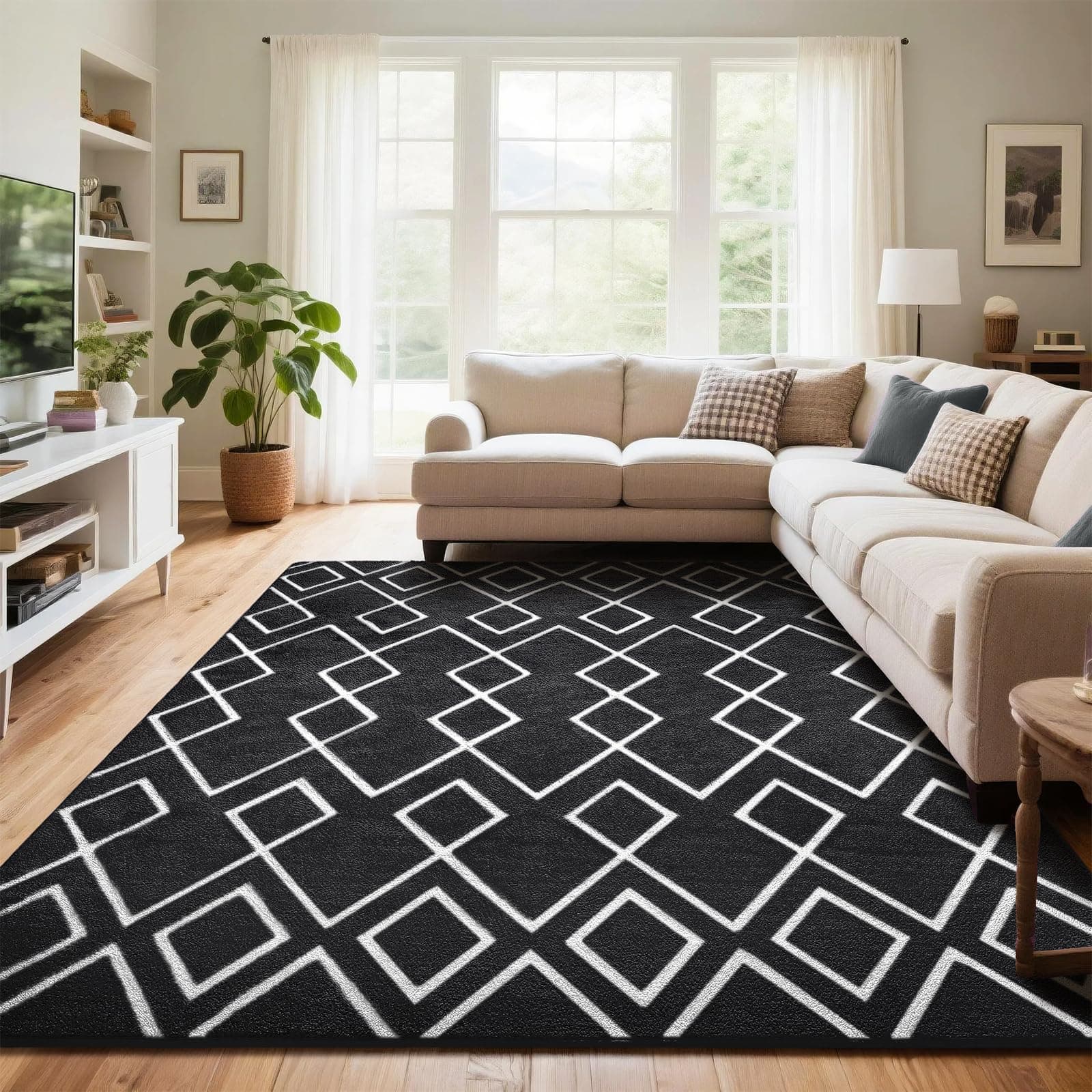 Soft Area Rug for Bedroom, 5x7Ft Moroccan Rugs for Living Room, Geometric Non-Slip Carpet with Memory Foam for Boys Girls's Bedside Office Dorm Farmhouse, Black and White