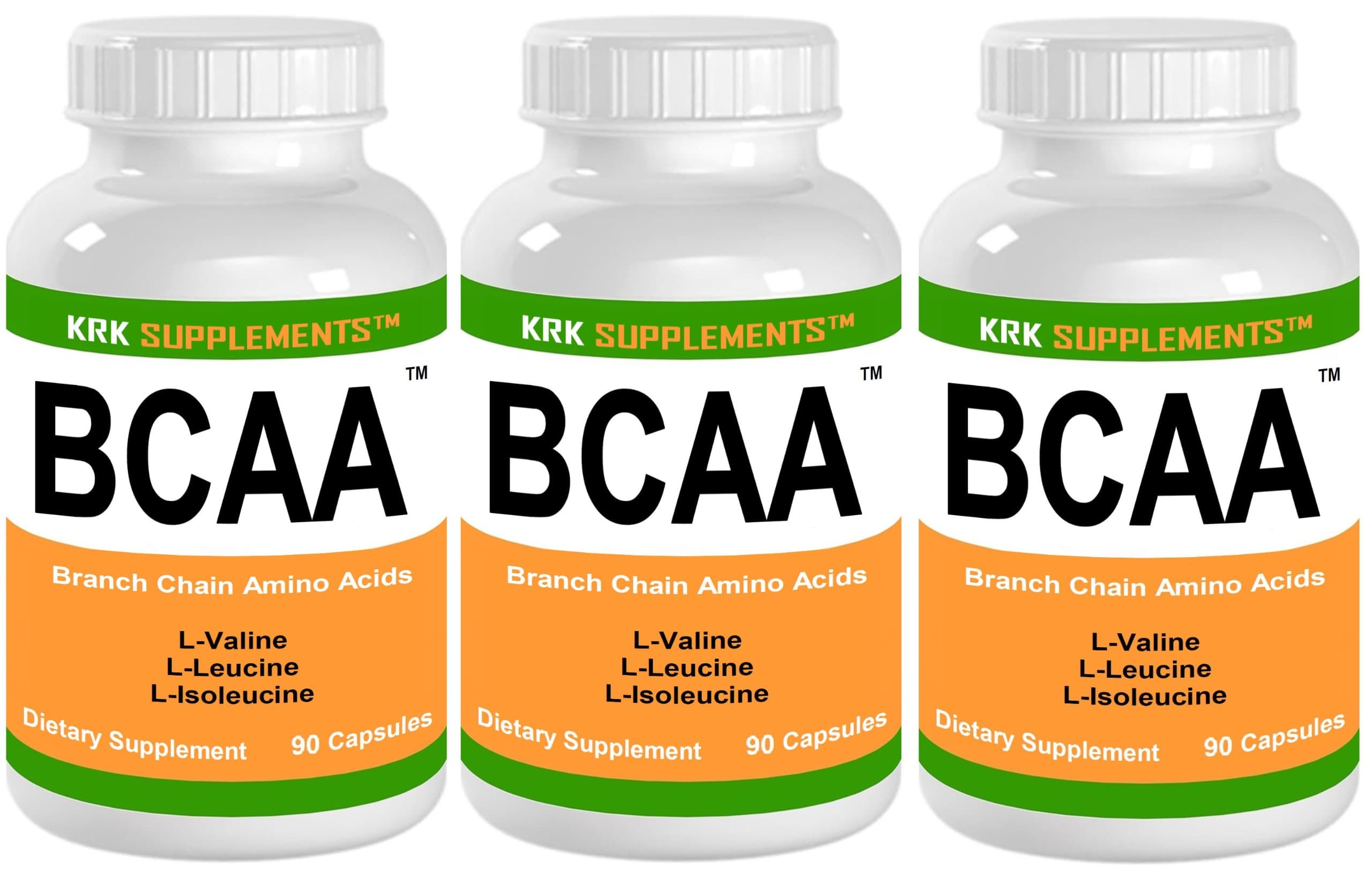 3 Bottles BCAA Branched Chain Amino Acids L-Valine L-Leucine L-Isoleucine 270 Total Capsules KRK Supplements
