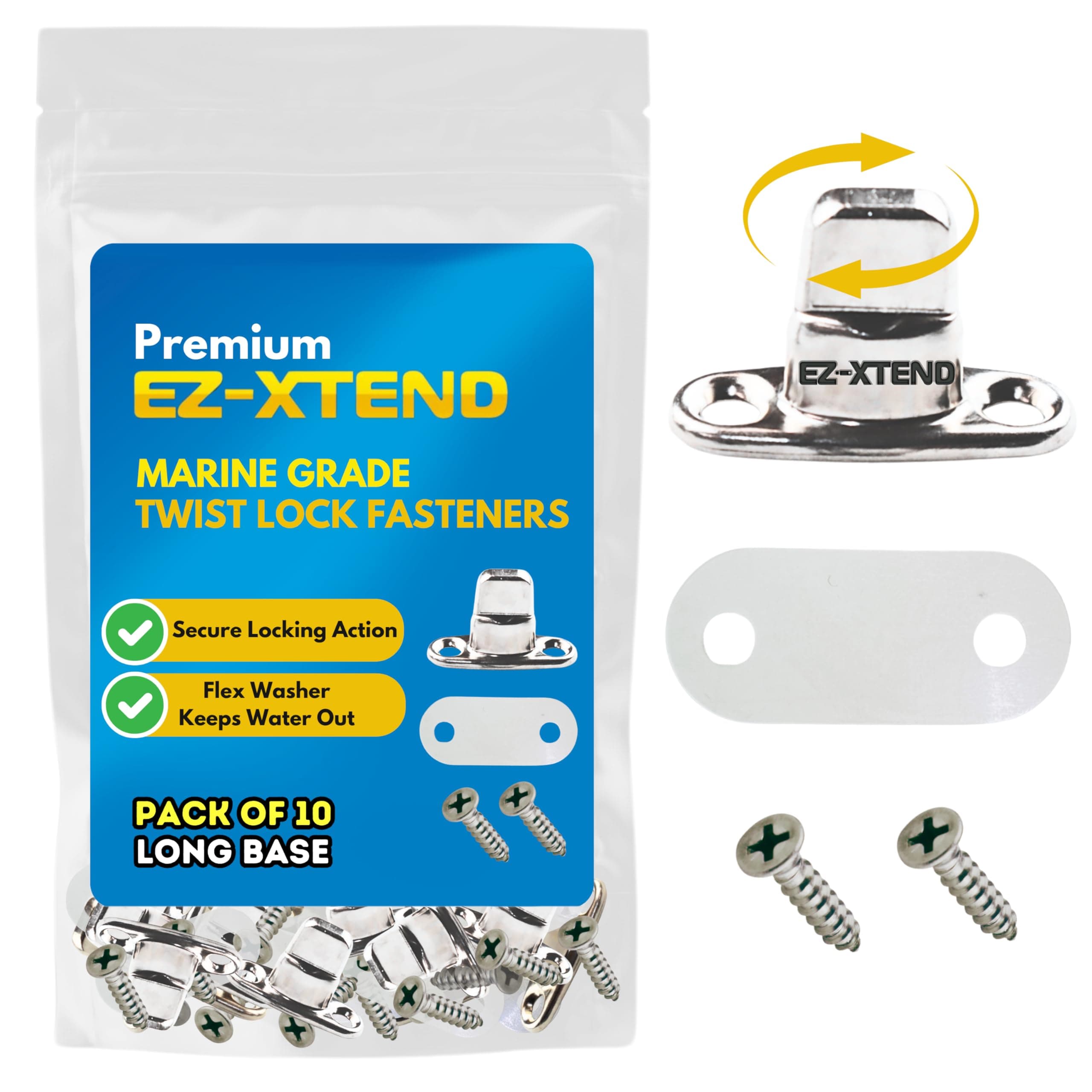 EZ-Xtend Marine Grade Twist Lock Fasteners - Nickel Plated Brass Turn Button Fastener with Stainless Steel Screws for Canvas, Marine Fastener Turn Buttons, Tarp Fasteners (Long Base - 10 PK)