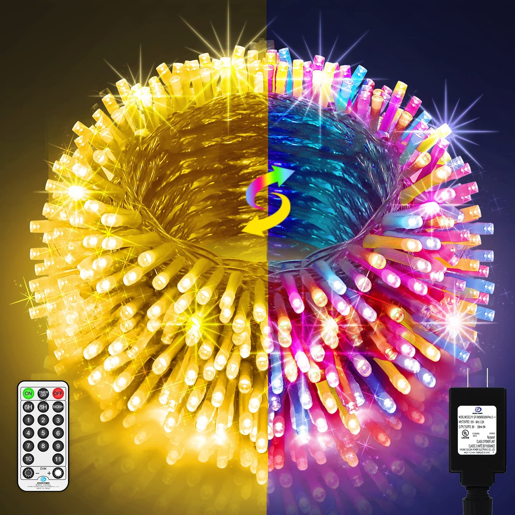 Christmas Lights Outdoor 300 LED 99ft Color Changing String Lights Warm White to Multicolor LED String Lights Remote 11 Modes Fairy Light for Thanksgiving Xmas Tree Party Wedding Decorations