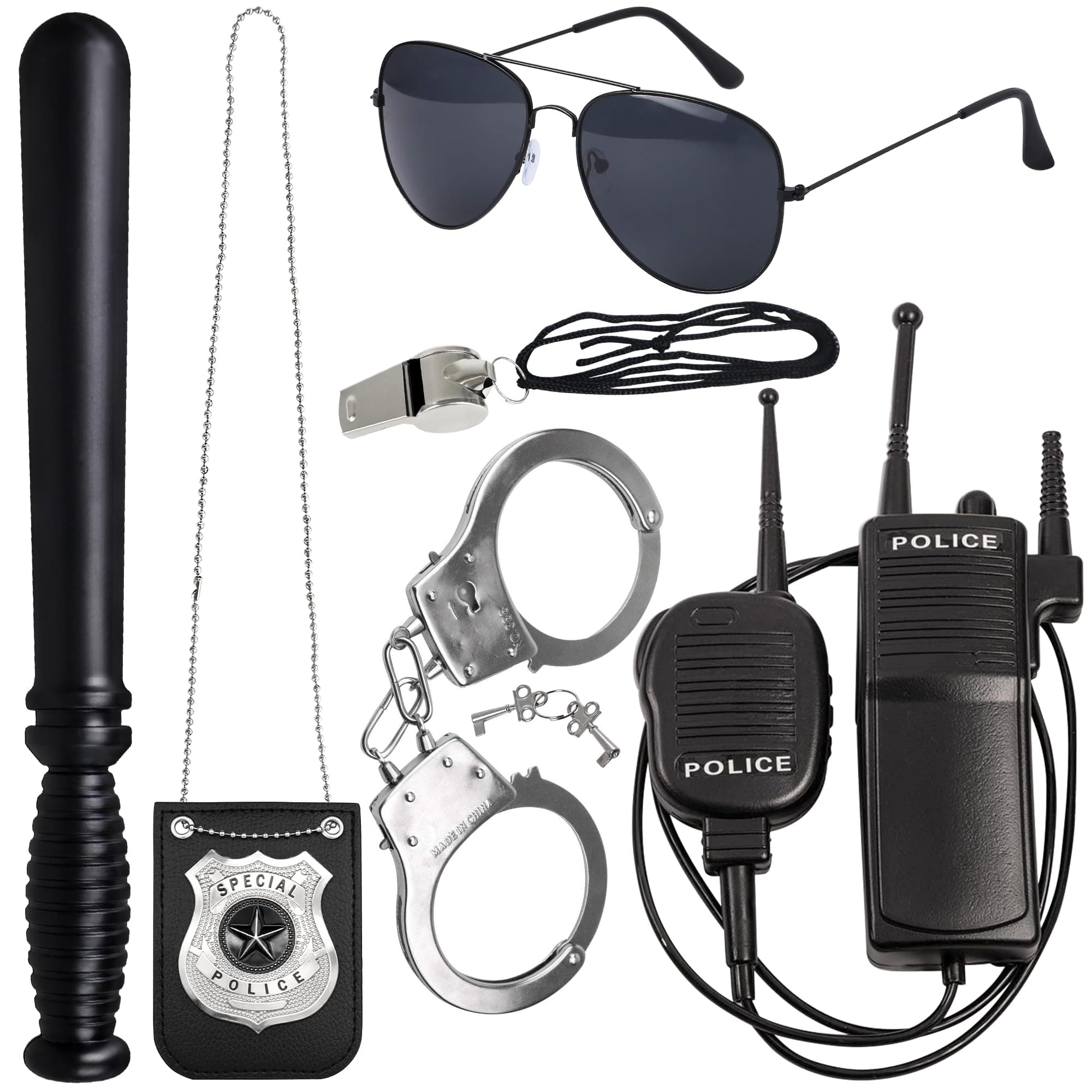 6PCS Police Costume Accessories for Girls Boys with Walkie Talkies Handcuffs Badge Eyeglasses Baton Whistle (Black)