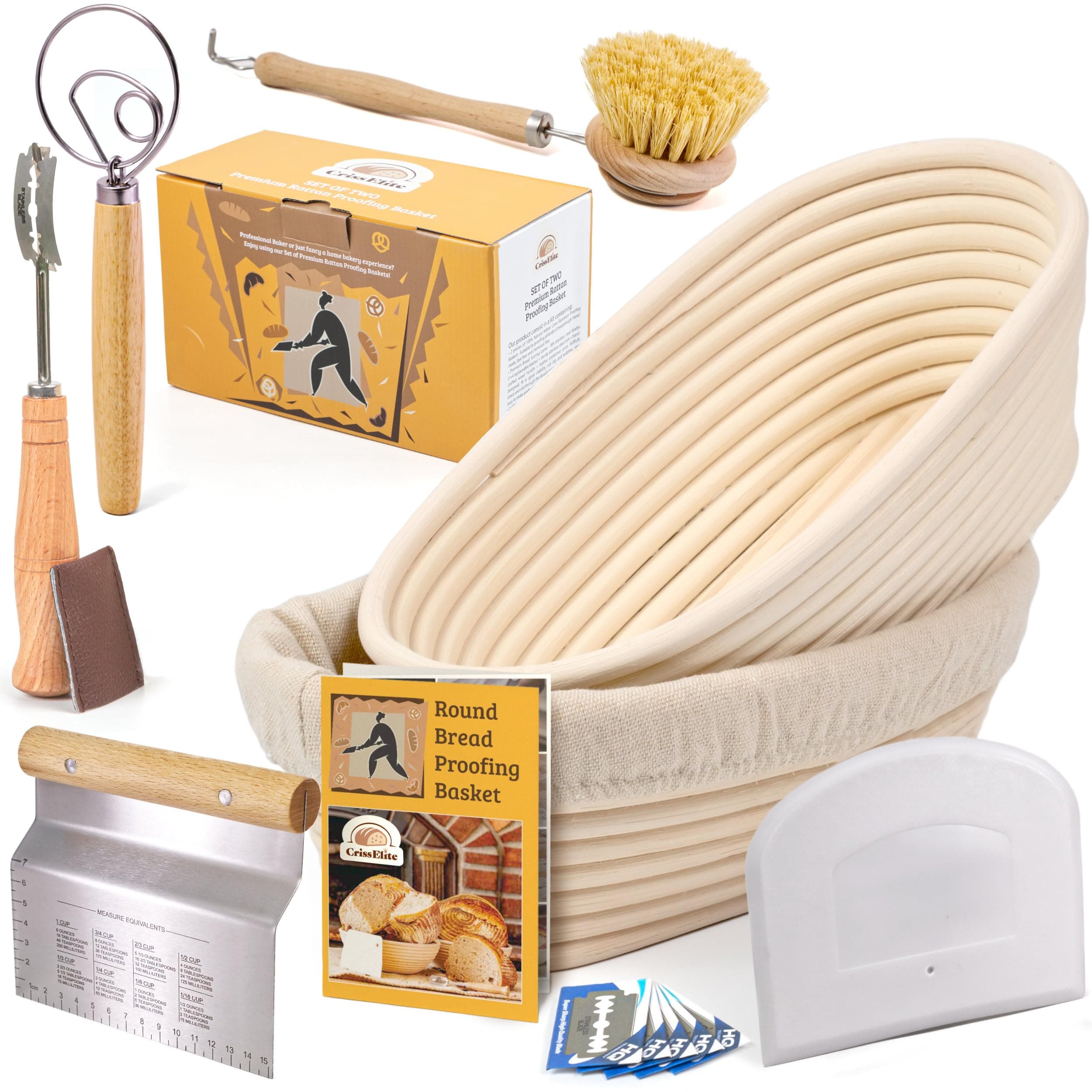 11" Oval Banneton Proofing Basket Set of 2 - Sourdough Starter Kit with Bread Lame, Danish Whisk, Metal & Bowl Scrapers, Cleaning Brush - Professional Artisan Baker Gift Set