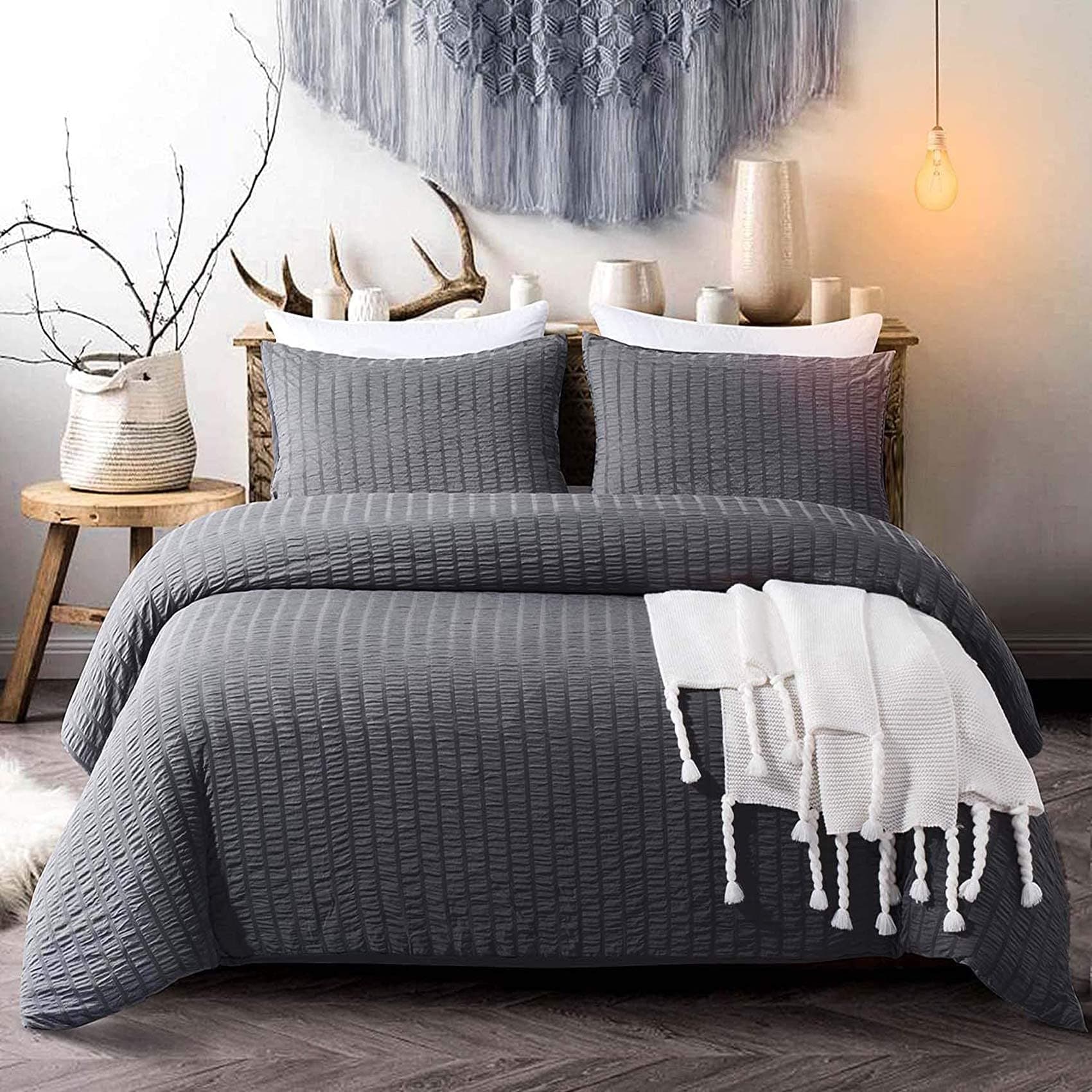 Cozyholy Seersucker Duvet Cover Set King Size 3 Pieces Dark Grey Textured Bedding Duvet Cover Ultra Soft Lightweight Microfiber Comforter Cover Set with Zipper Closure Corner Ties