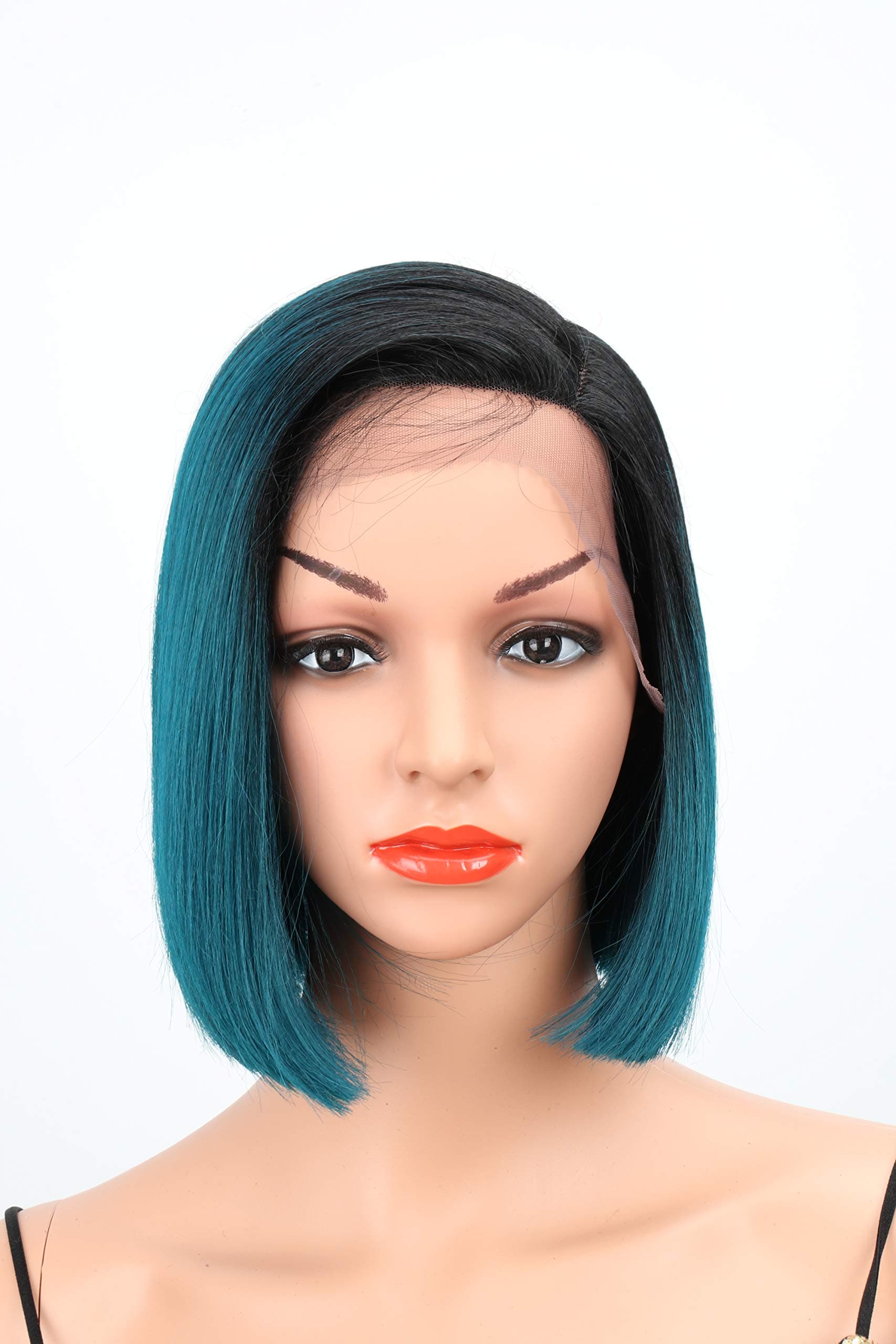 Eliza Short Bob Wigs L Part Lace Front Wigs with Baby Hair Heat Resistant Synthetic Wigs For Black Women Half Hand Tied 130% Density Ombre Blonde Wigs with Dark Roots(Ombre Blue)
