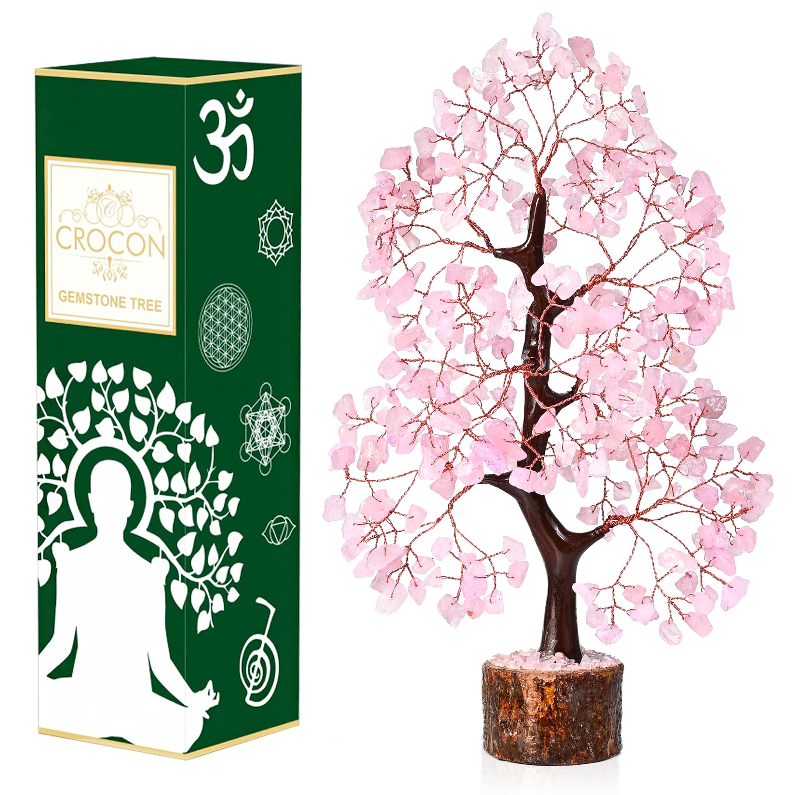 Crocon Rose Quartz Gemstone Tree Feng Shui Figurine Money Bonsai Good Luck Chakra Balancing Reiki Healing Crystals Decoration Ornament Prosperity Sculpture Table Decor Gift Size 10-12"