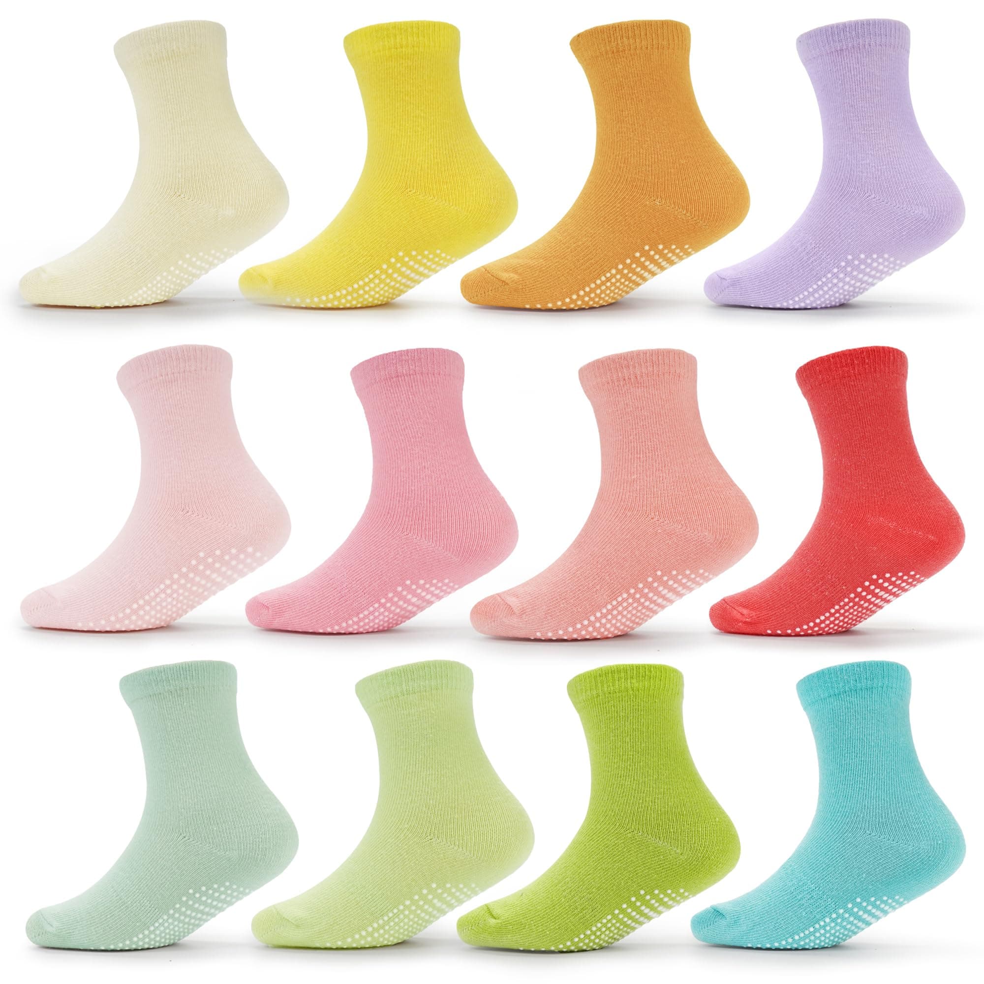 Non-Slip Ankle or Crew Grip Toddler Socks, 12 Pack for Boys & Girls, Colorful, 1-3 Years Old
