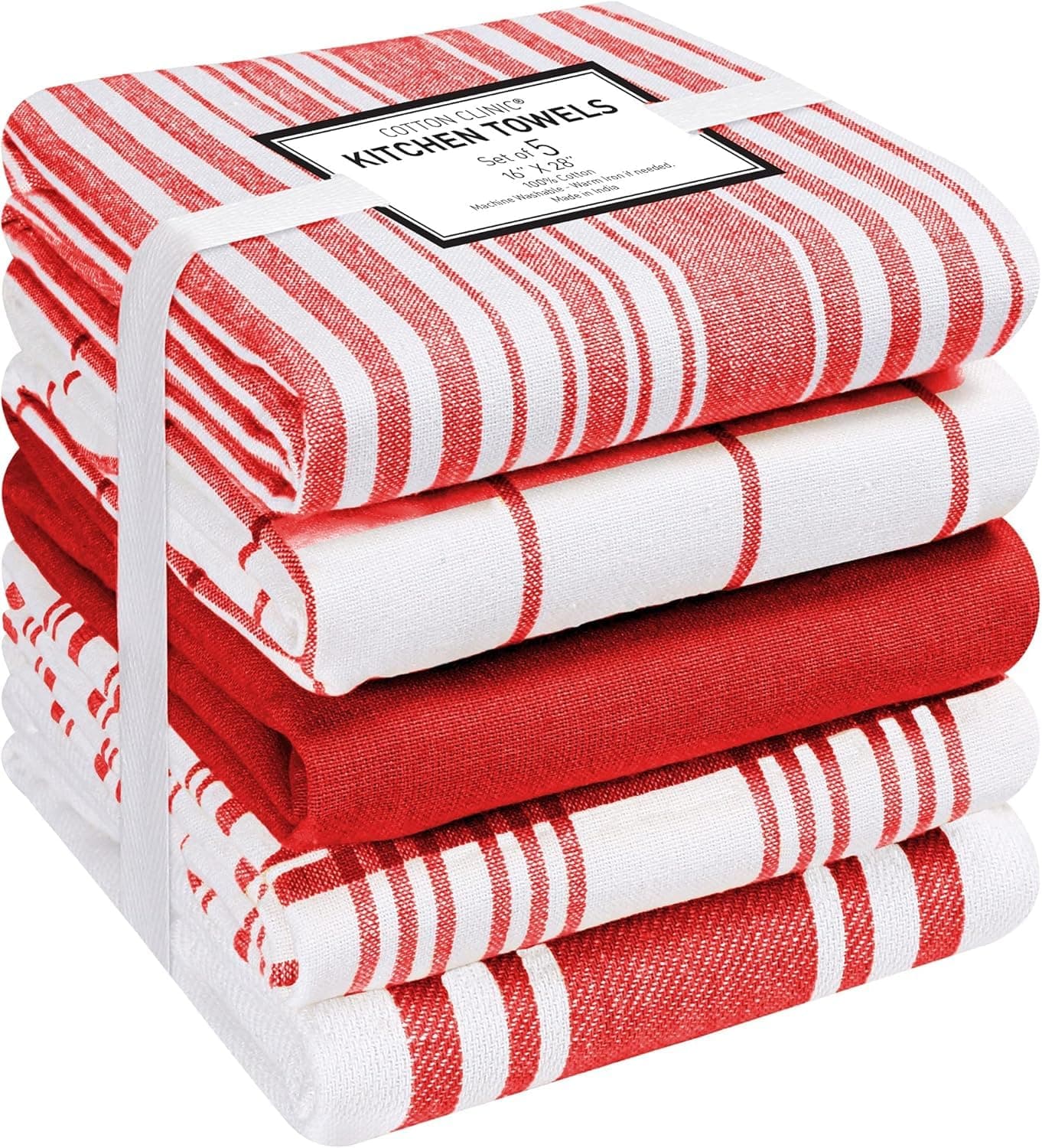 Cotton Clinic Assorted Kitchen Towels 5 Pack – Soft Absorbent Quick Drying Table & Kitchen Linen - Dish Towels, Dish Cloths, Tea Towel and Cleaning Towel with Hanging Loop – 16x28 / Red White