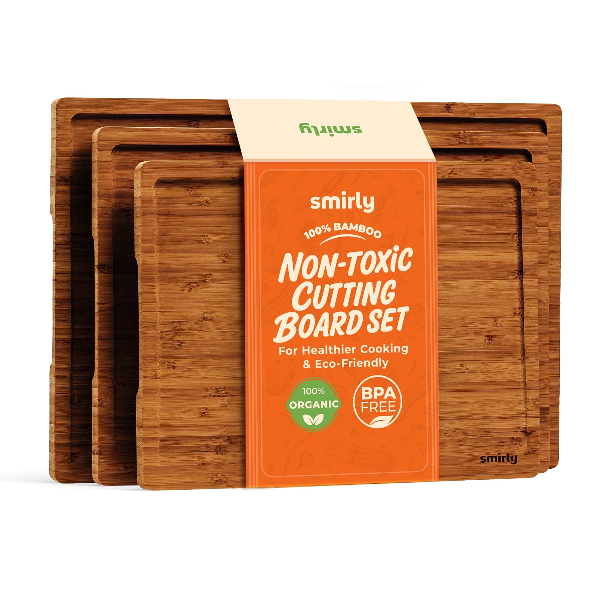 SMIRLY Bamboo Wooden Cutting Boards, Wood Cutting Board for Kitchen, Set of 3 with Deep Juice Grooves, Ideal for Chopping Meat Vegetables, Charcuterie Cheese Serving Tray, Kitchen Gadgets