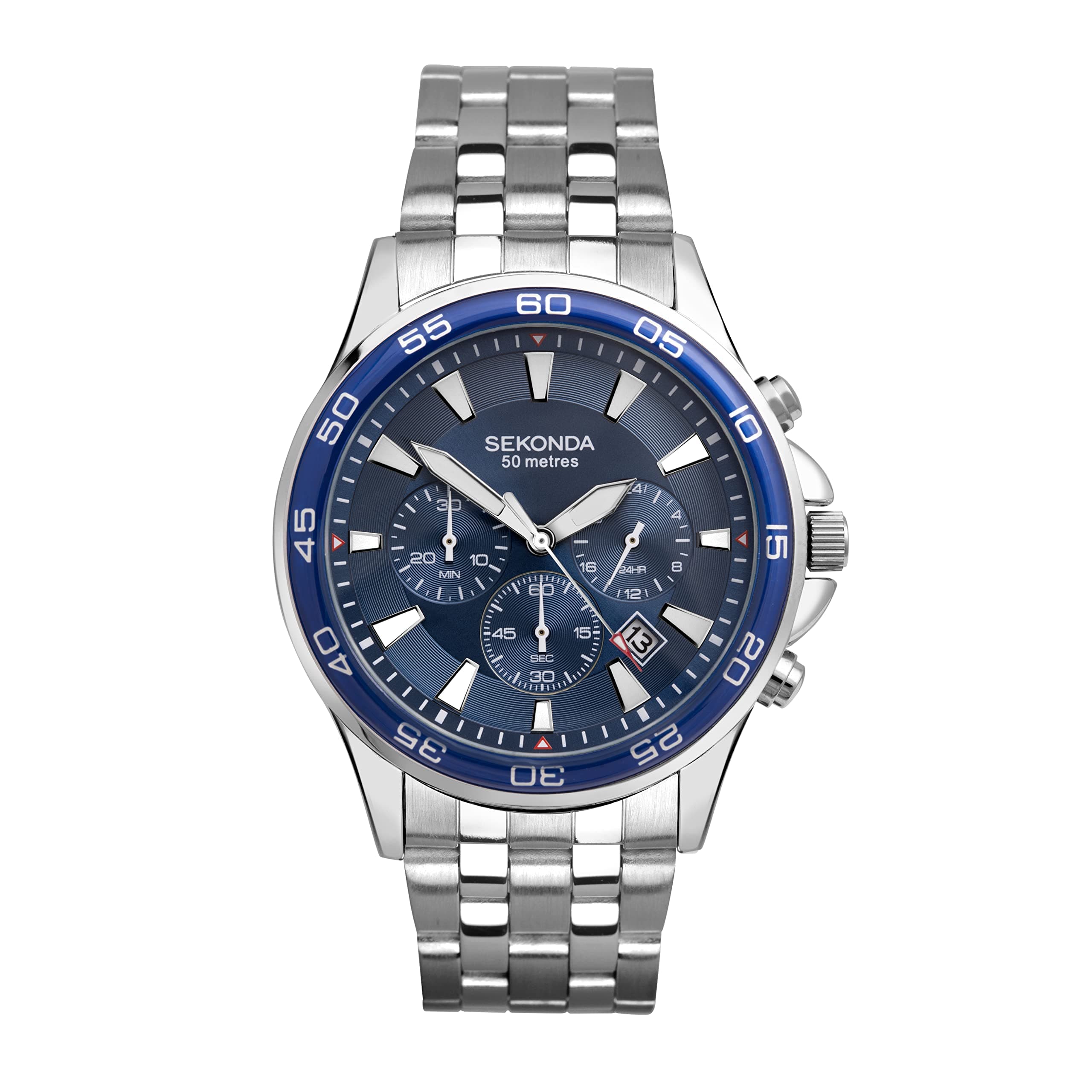 Sekonda Men's Quartz Watch with Chronograph Display and Stainless Steel Bracelet, Silver Bracelet / Blue Dial, Bracelet