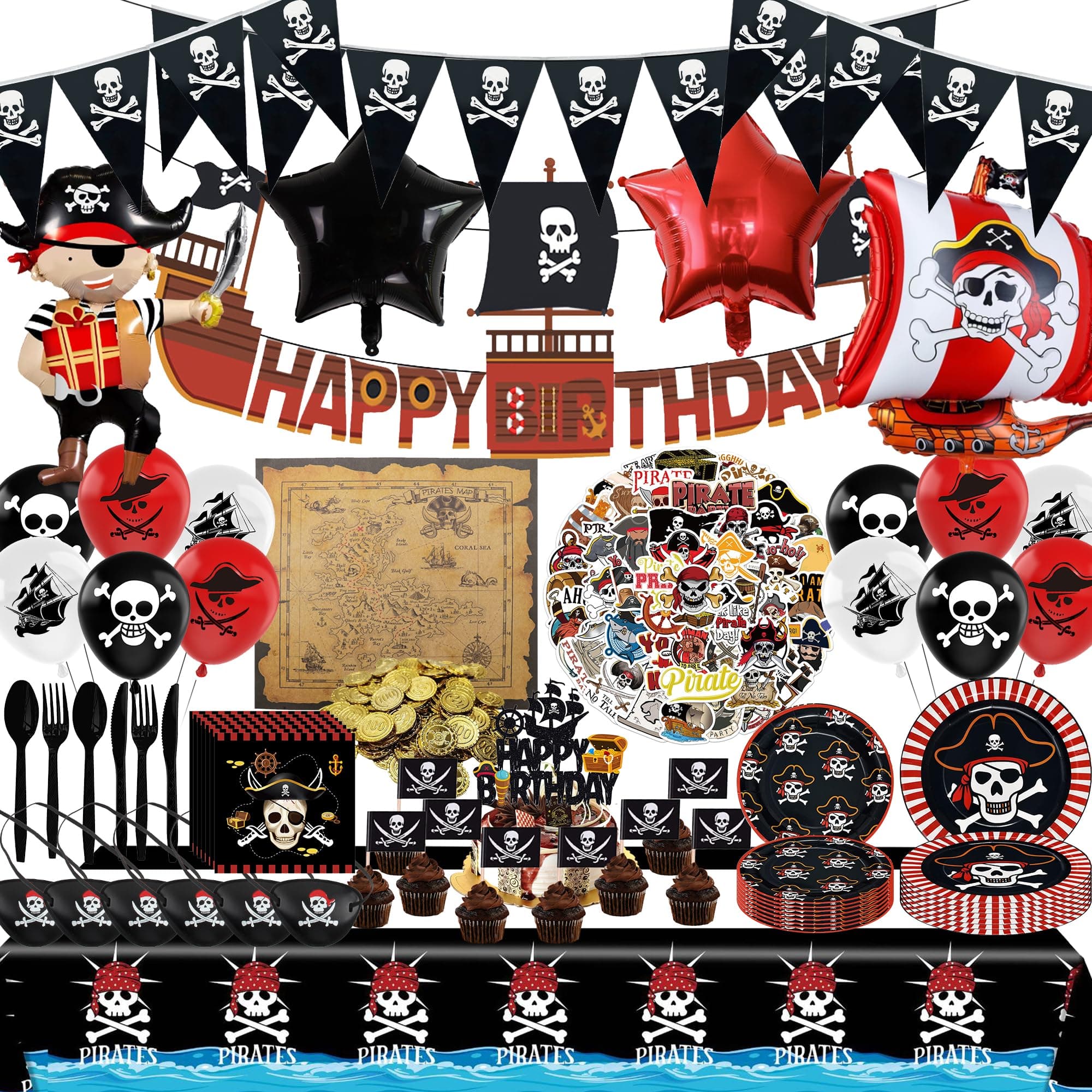 Pirate Party Decorations for Kids - 187Pcs Pirates Birthday Party Supplies Happy Birthday Banner, Cake Topper, Stickers, Plates, Napkins, Pirate Patch, Cutlery, Foil Balloons
