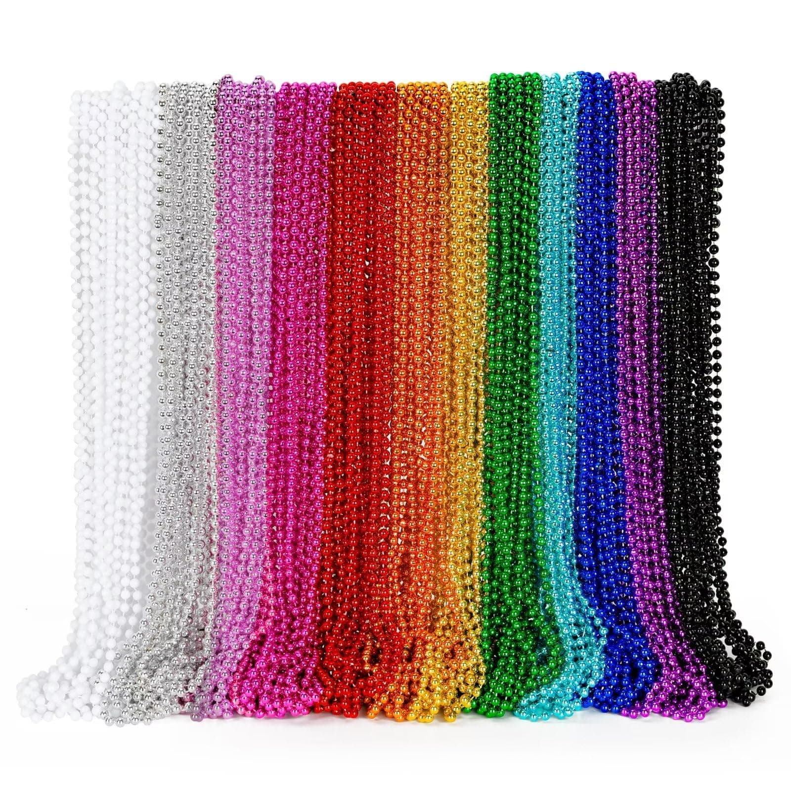 EOBOH 144PCS Mardi Gras Beads, Metallic 12 Kinds Bead Necklace Party Supplies, 33" Mardi Gras Necklace Costume Stuff, Festival Parade Throw Accessories for Wedding Birthday Celebrations Decorations