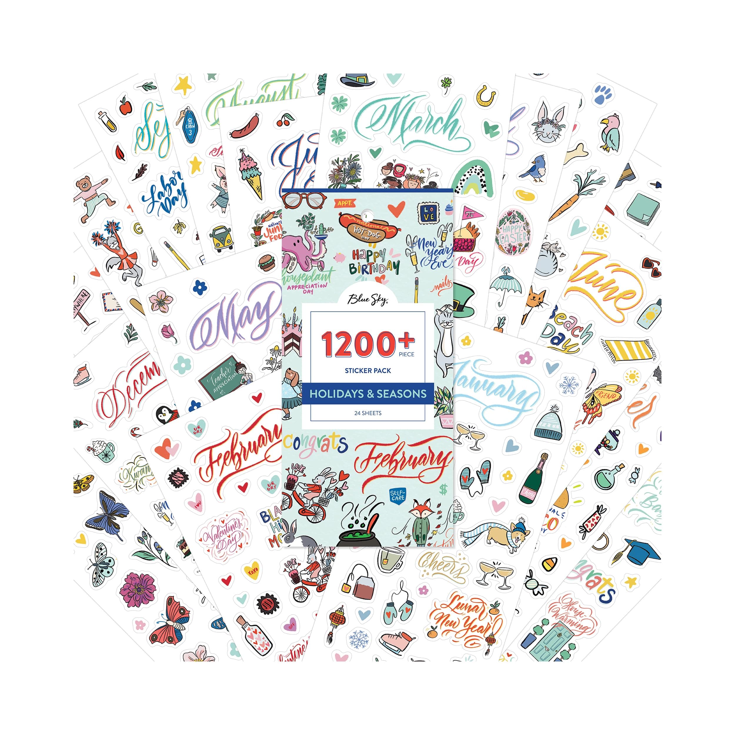 Blue Sky Holidays & Seasons 1200+ Sticker Pack, Planner and Calendar Pack, 4.49” x 9.06”, Full Color, 24 Sheets