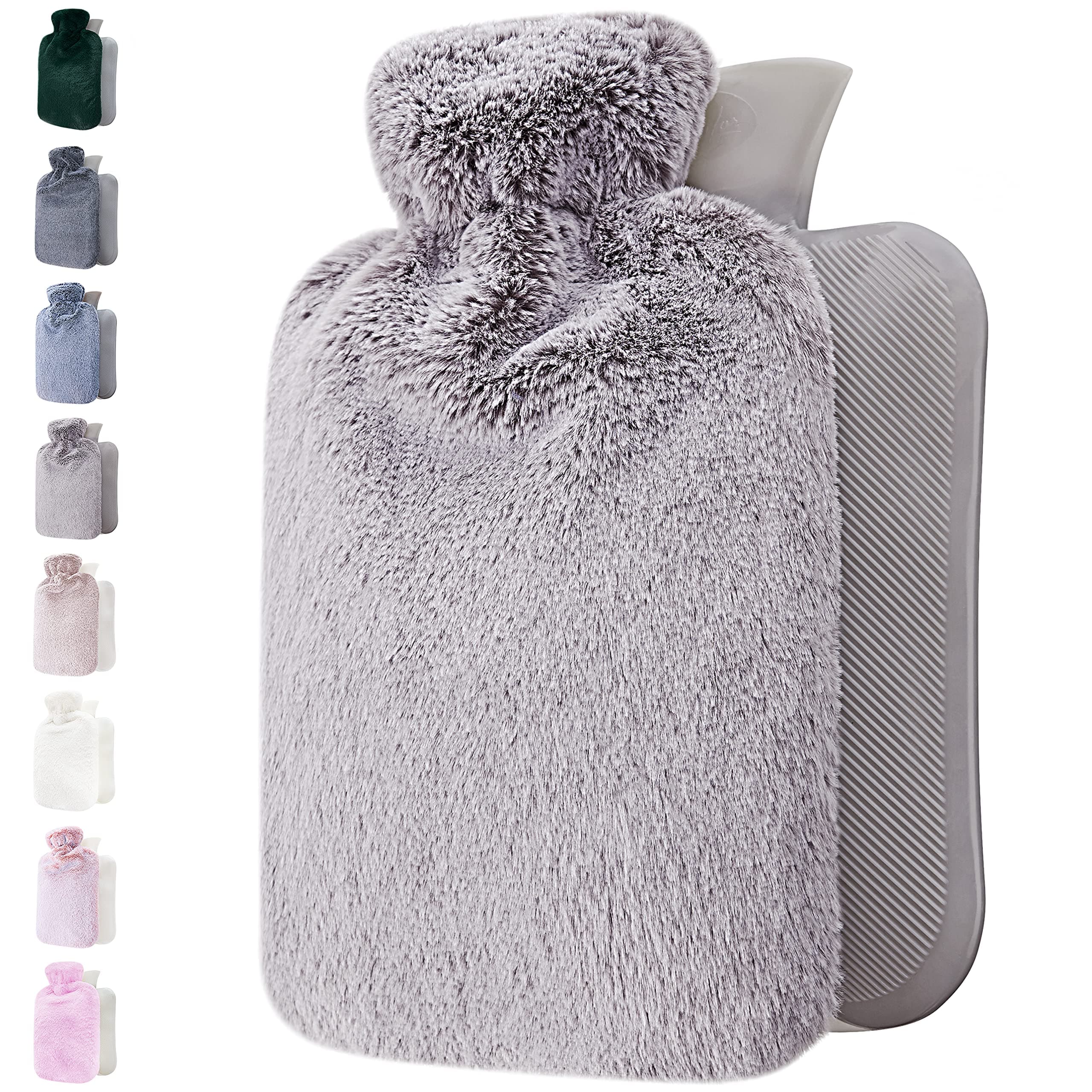 Hot Water Bottle - with Soft Premium Fleece Cover - Light Grey, 2L - Heating Pad for Menstrual Cramps and Period Comfort - Bed Foot Warmer - Hot & Cold Compress for Back, Stomach, Neck Pain Relief