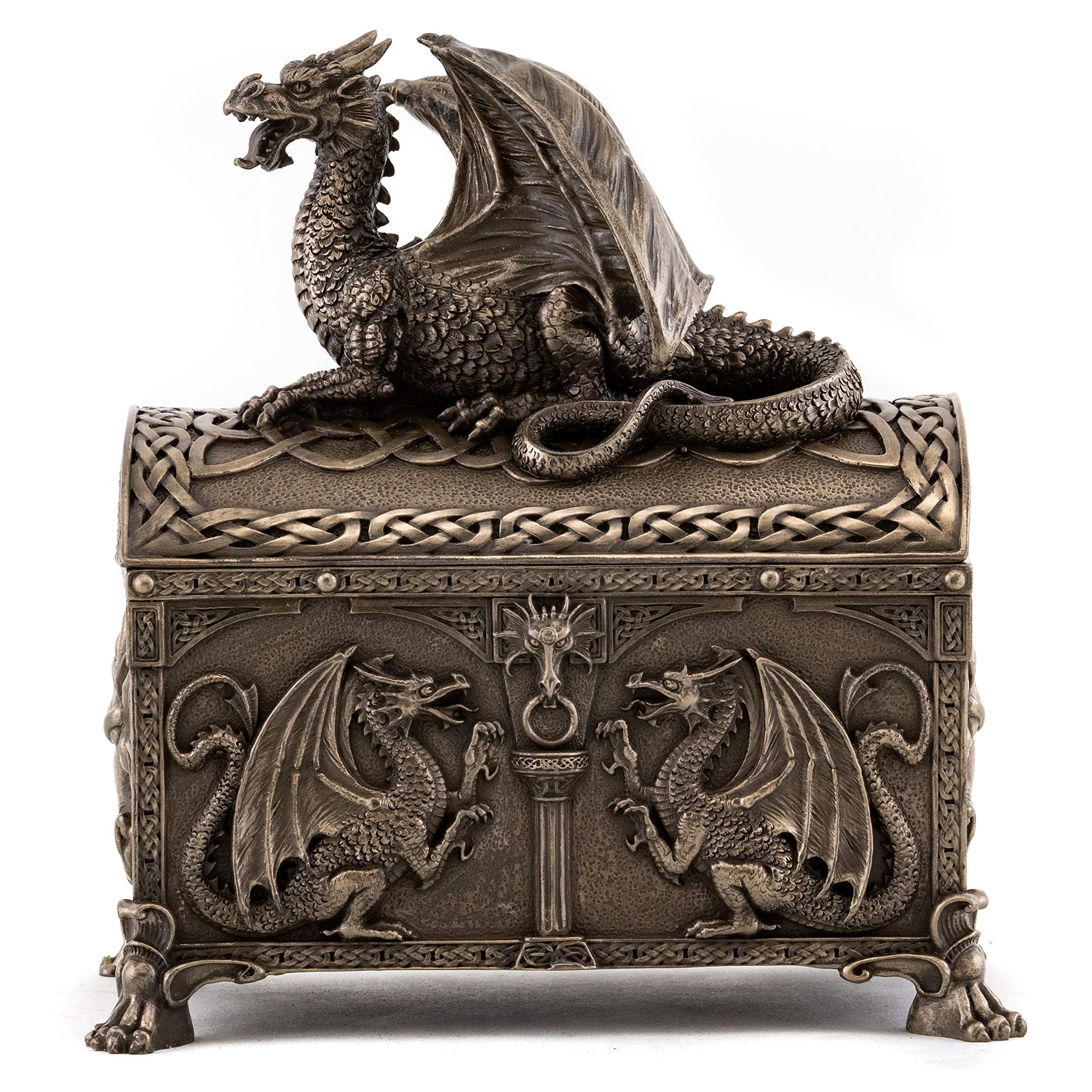 Top Collection Celtic Dragon Hinged Treasure of The Gold Chest - Mythical Celtic Dragon of Power and Wisdom in Premium Cold Cast Bronze - 7-Inch Collectible Jewelry Box & DND Game Dice Chest