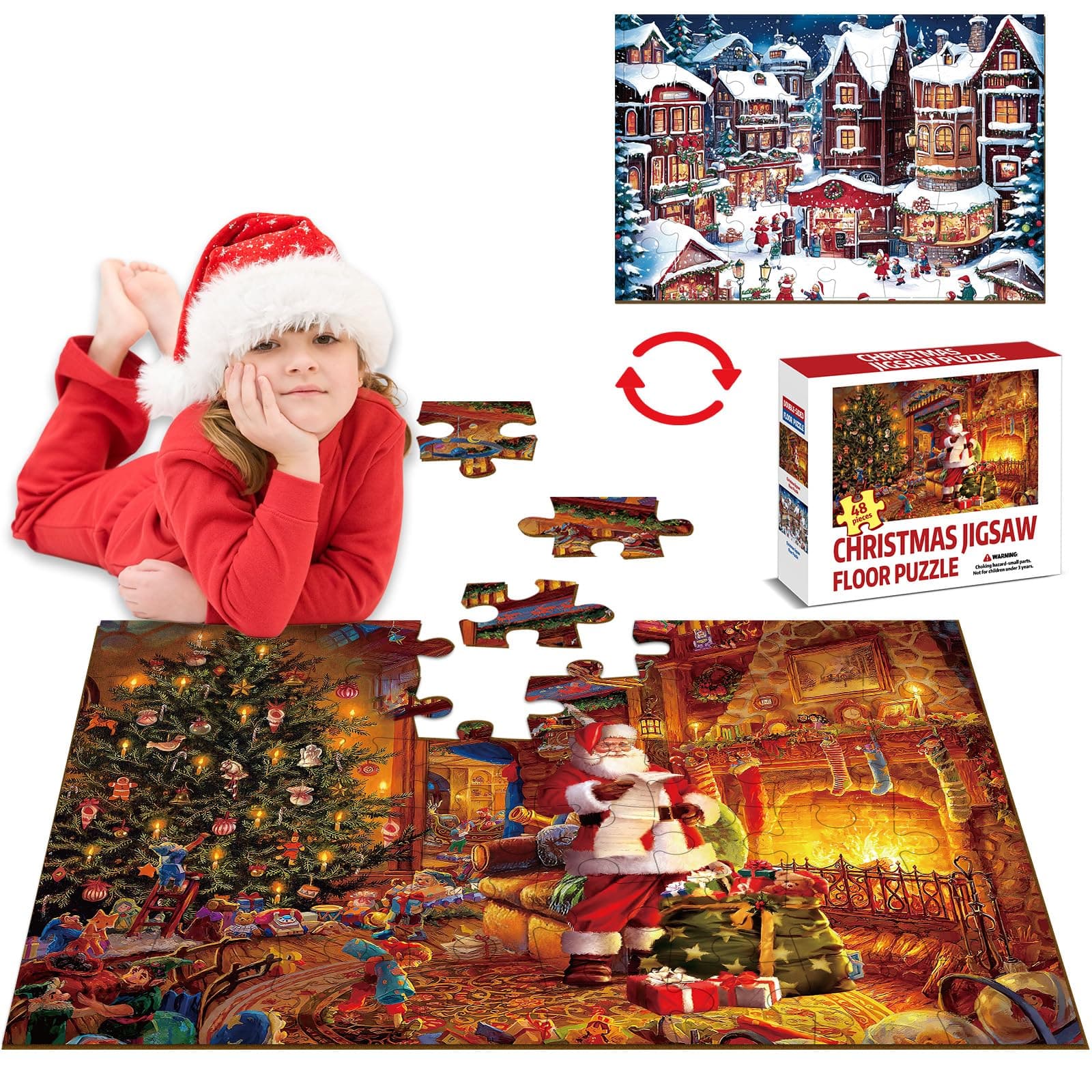 ZOIIWA 35 x 24 inch Christmas Jumbo Floor Puzzle for Kids Double Sided Xmas Santa Large Round Puzzle 48pcs for Toddler 3-8 Year Winter Holiday Snowman Educational Toy Jigsaw Puzzles Gifts for Boy Girl