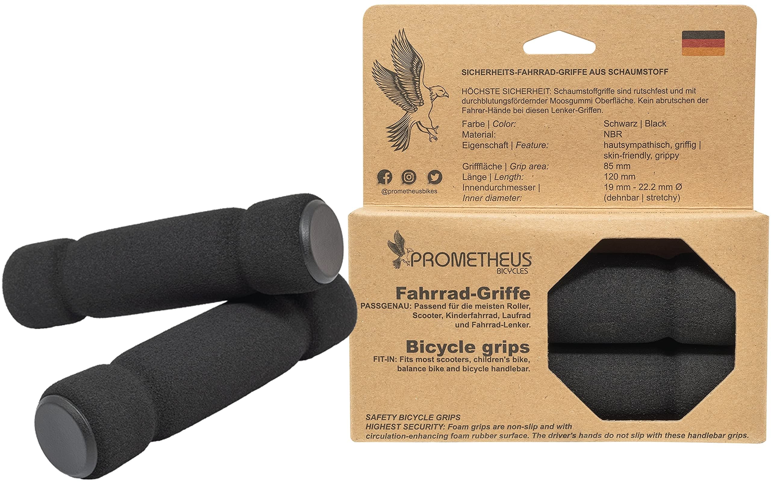 PROMETHEUS BICYCLESHandlebar Grip in Black for Bike, 19 x 120 mm, 2019 Edition, Child-friendly, TÜV Certified, Shock Absorbing