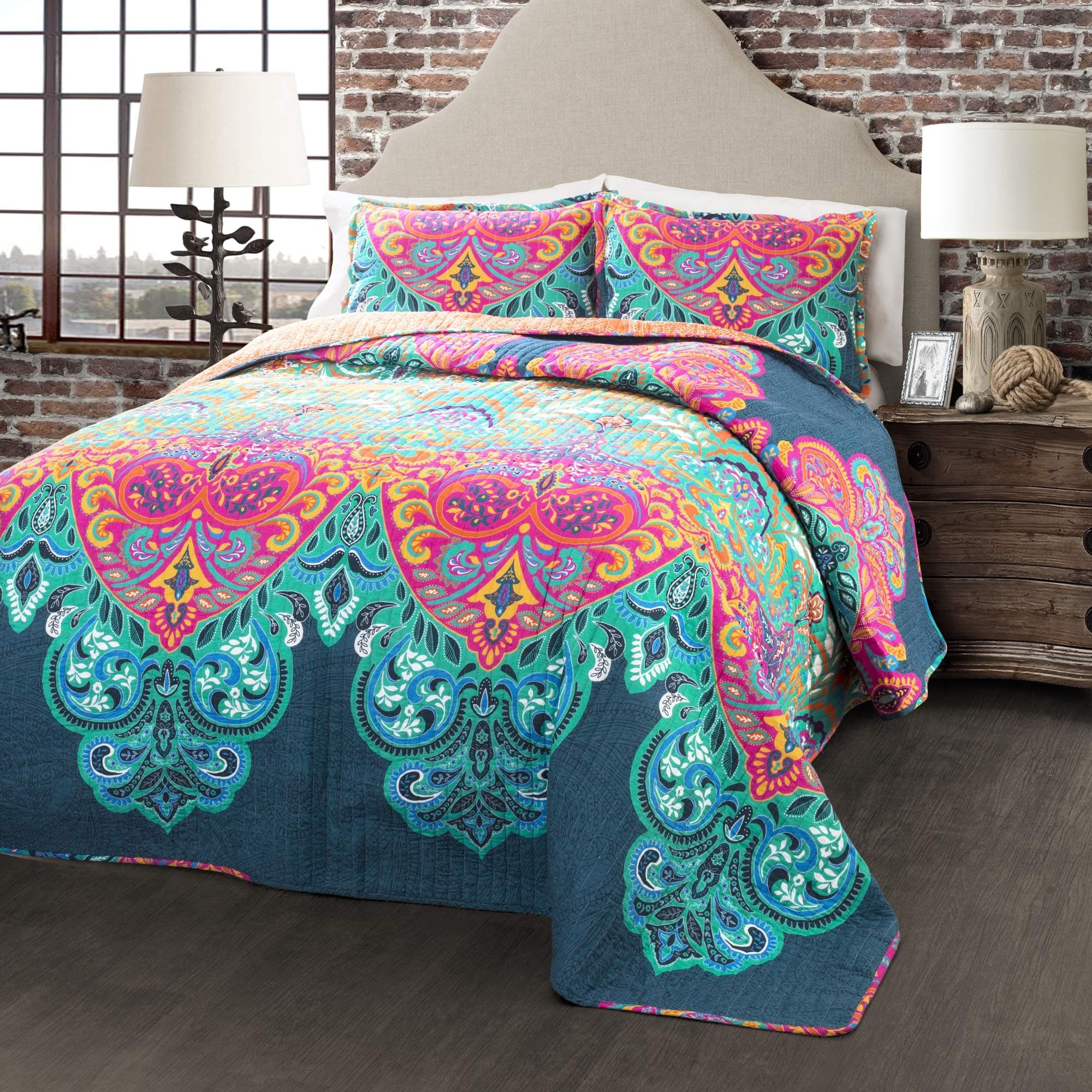 Boho Chic Reversible 3 Piece Quilt Bedding Set - Turquoise/Navy - King
