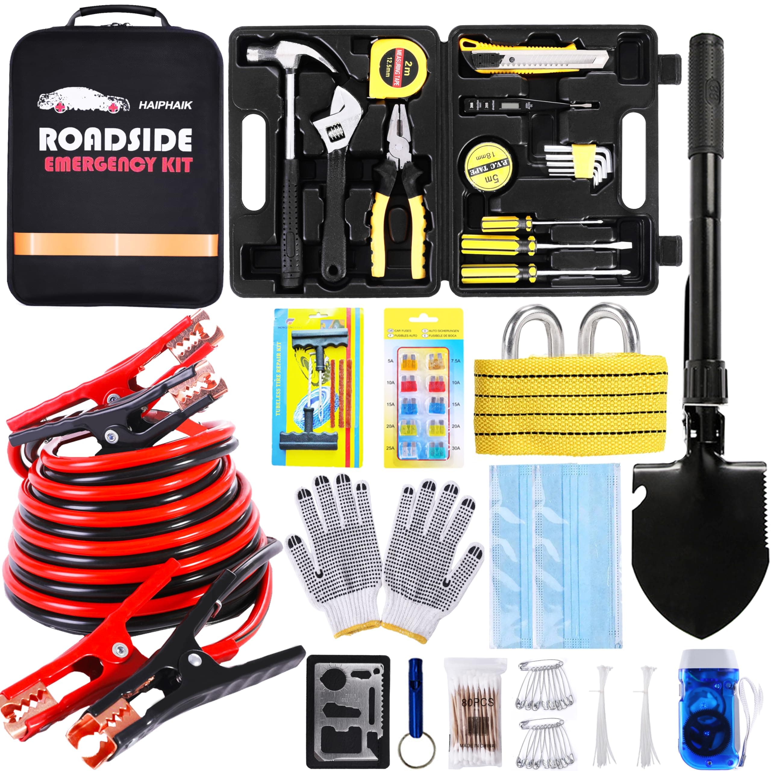 Car Emergency Roadside Kit - Auto Vehicle Safety Road Side Assistance Kits Jumper Cables Set 11.8 Foot (Upgrade) 124 PCS Emergency Car Kits Car Tool Kit,Tow Strap, Folding Survival Shovel