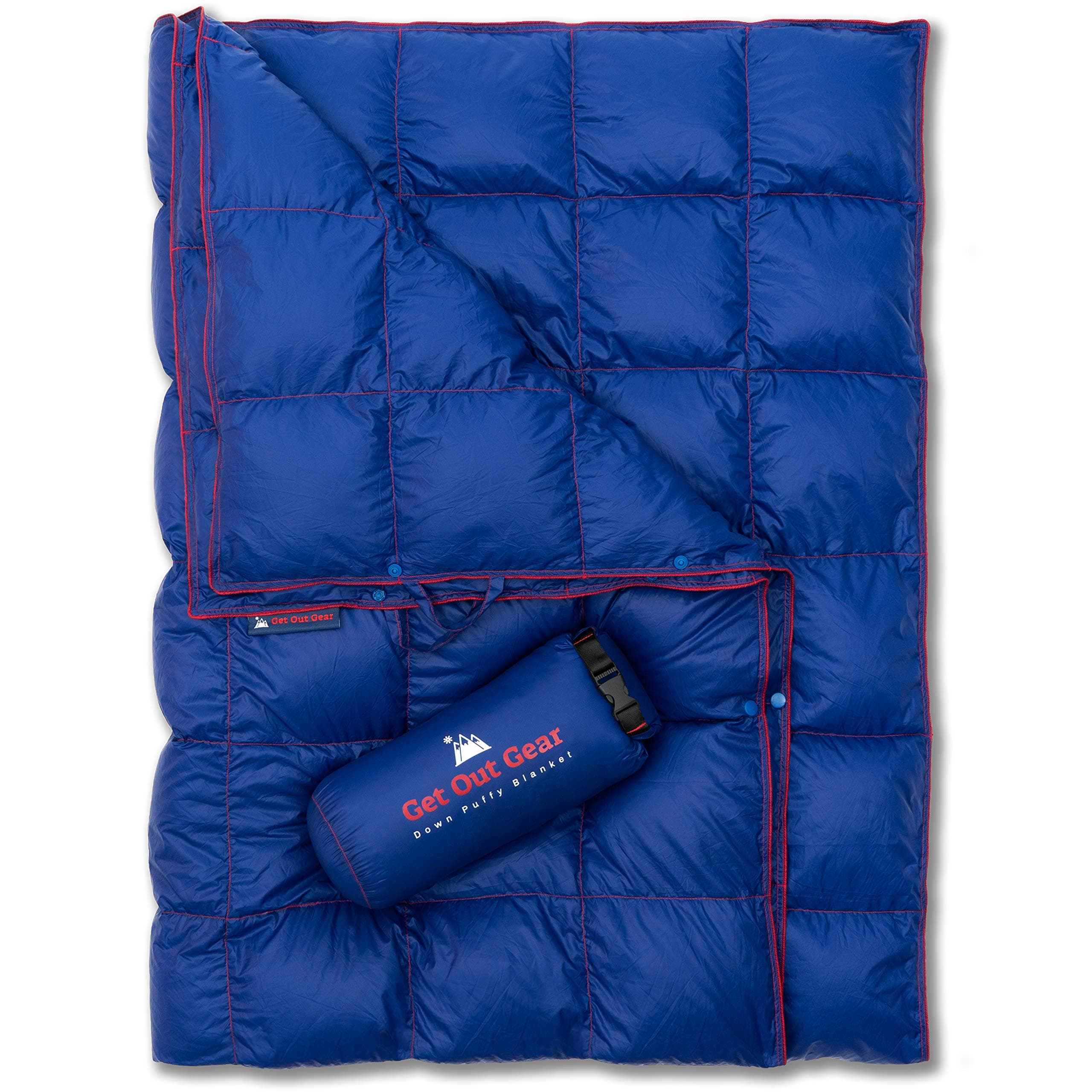 Down Camping Blanket - Lightweight Warm and Packable | Ideal for Backpacking,Travel, Festivals, Beach, Hammock | 650 Fill Power Water-Resistant Backpacking Quilt (Blue/Red)