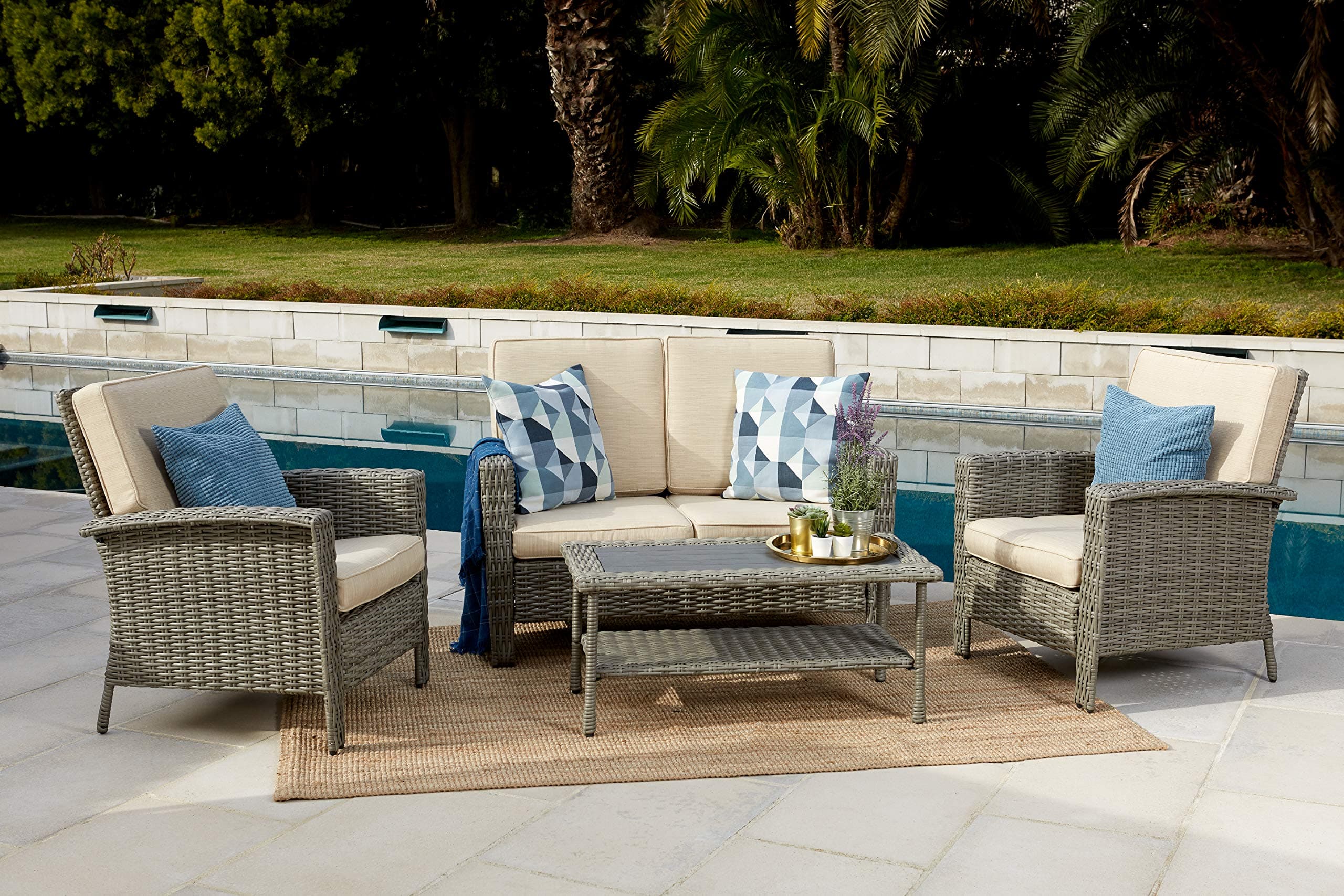 Quality Outdoor Living 65-517149B Milton All-Weather 4 Piece Deep Seating Set, Grey Wicker + Tan Cushions