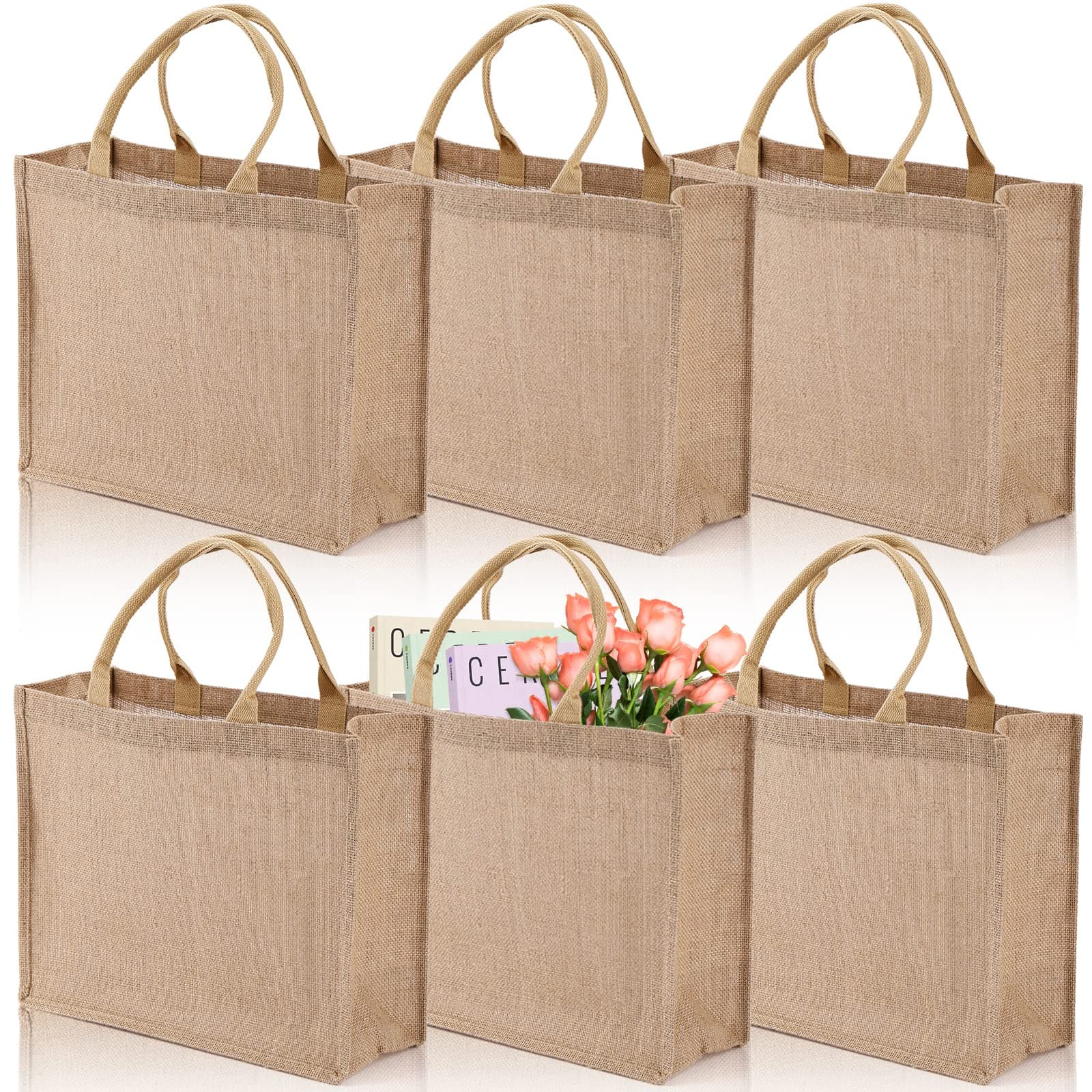 DEAYOU 6 Pack Large Jute Burlap Tote Bag, Jute Beach Bag with Laminated Interior, Burlap Gift Tote with Handle, Reusable Lined Market Grocery Shopping Bag for DIY, Wedding,15.4''x12.2''x5.9''