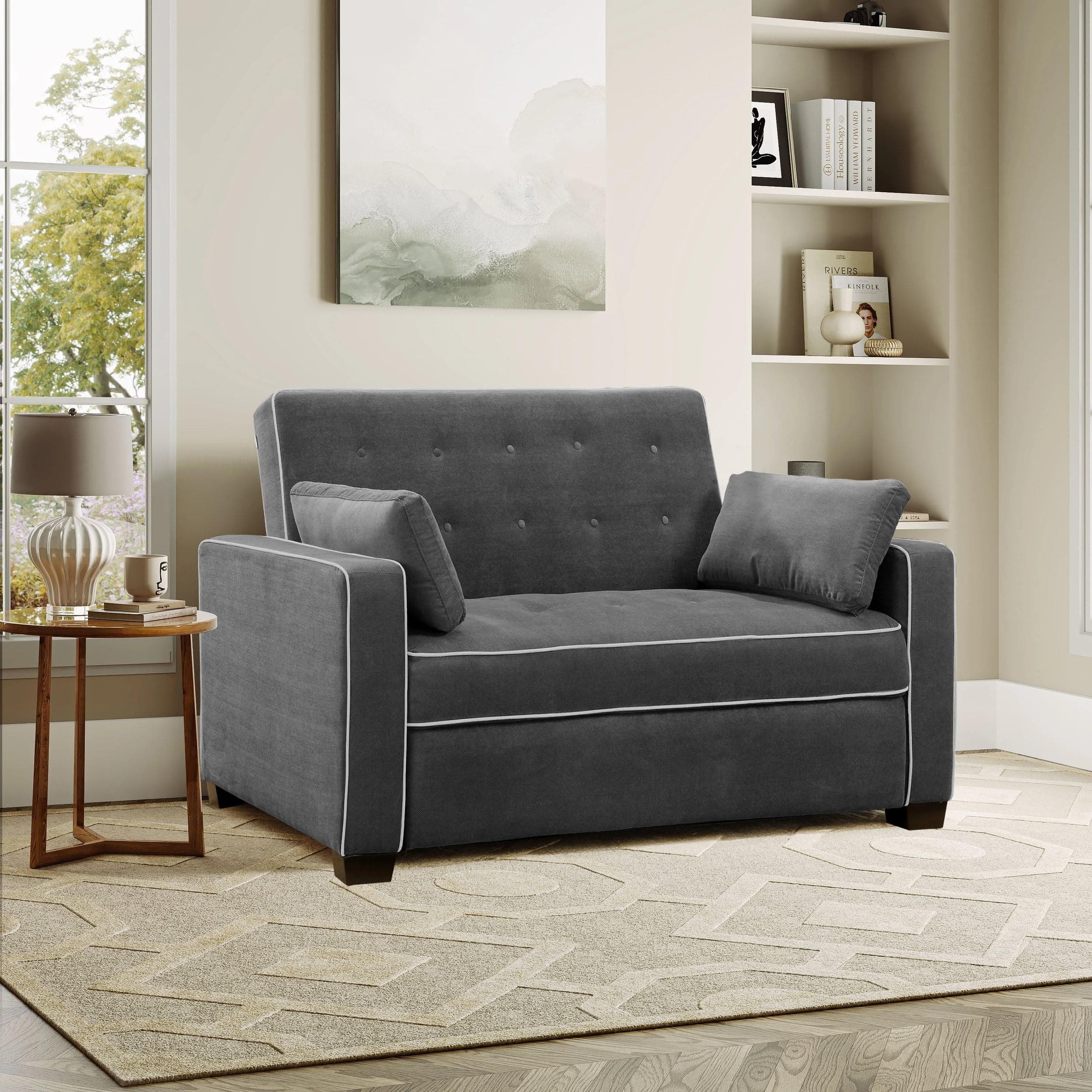 - Serta Ainsley 66.5" Convertible Sleeper Loveseat, Full Size, Dreamcoil Comfort, Soft Woven Fabric, Charcoal
