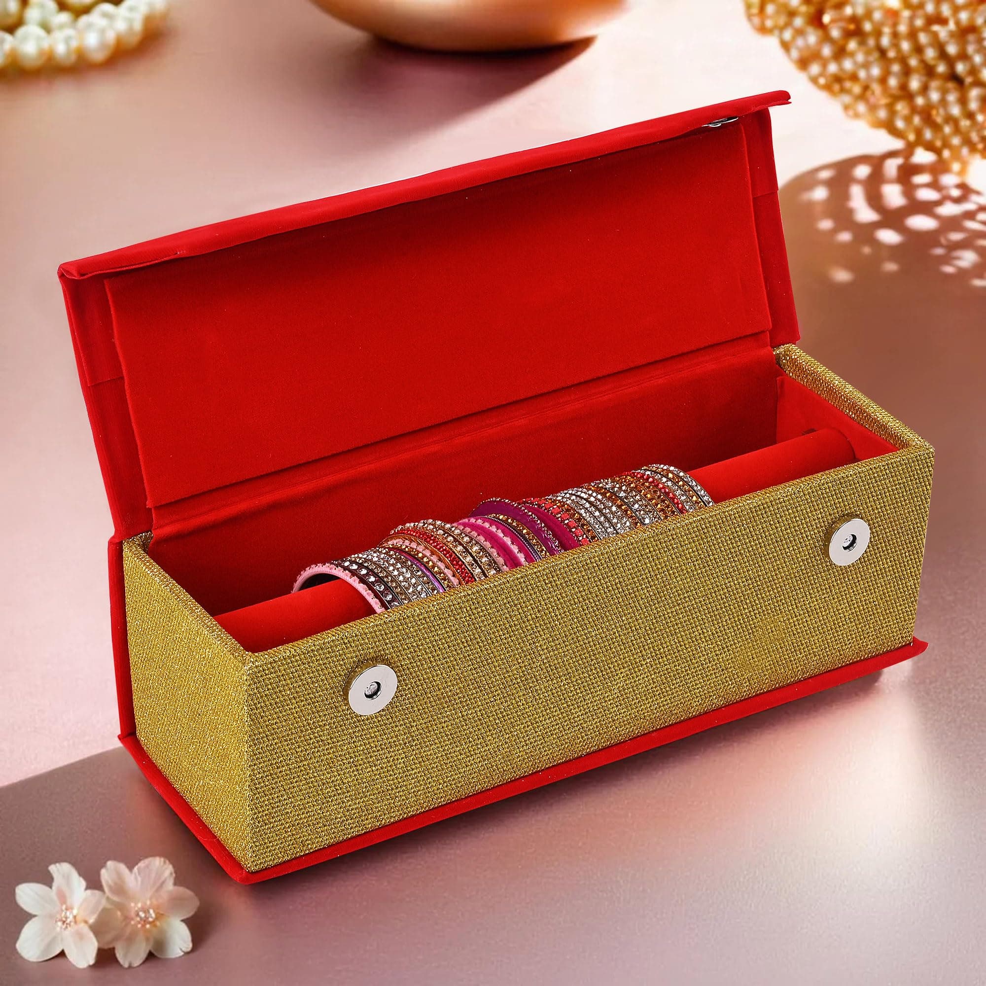 Kuber Industries Jewelry Bangle Box | Jewellery Case Organizer (1 Rod) Bangles Box for Women | Velvet Jewelry Box | Storage Organizer | Watch Organizer With Magnetic Buckles | Red