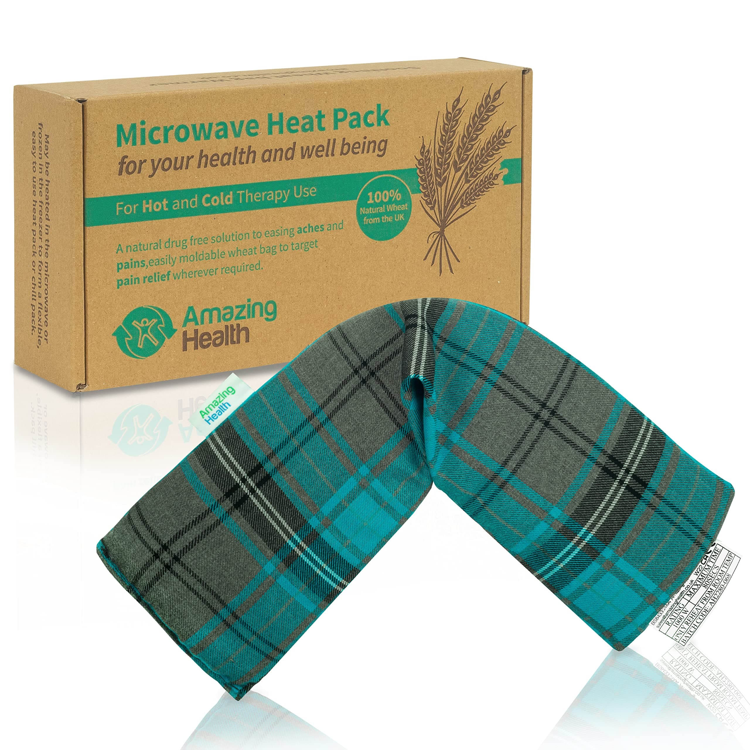 Amazing Health Heat Pack Cotton Tartan Microwave Wheat Bag 46cm Long (Unscented, Turquoise)