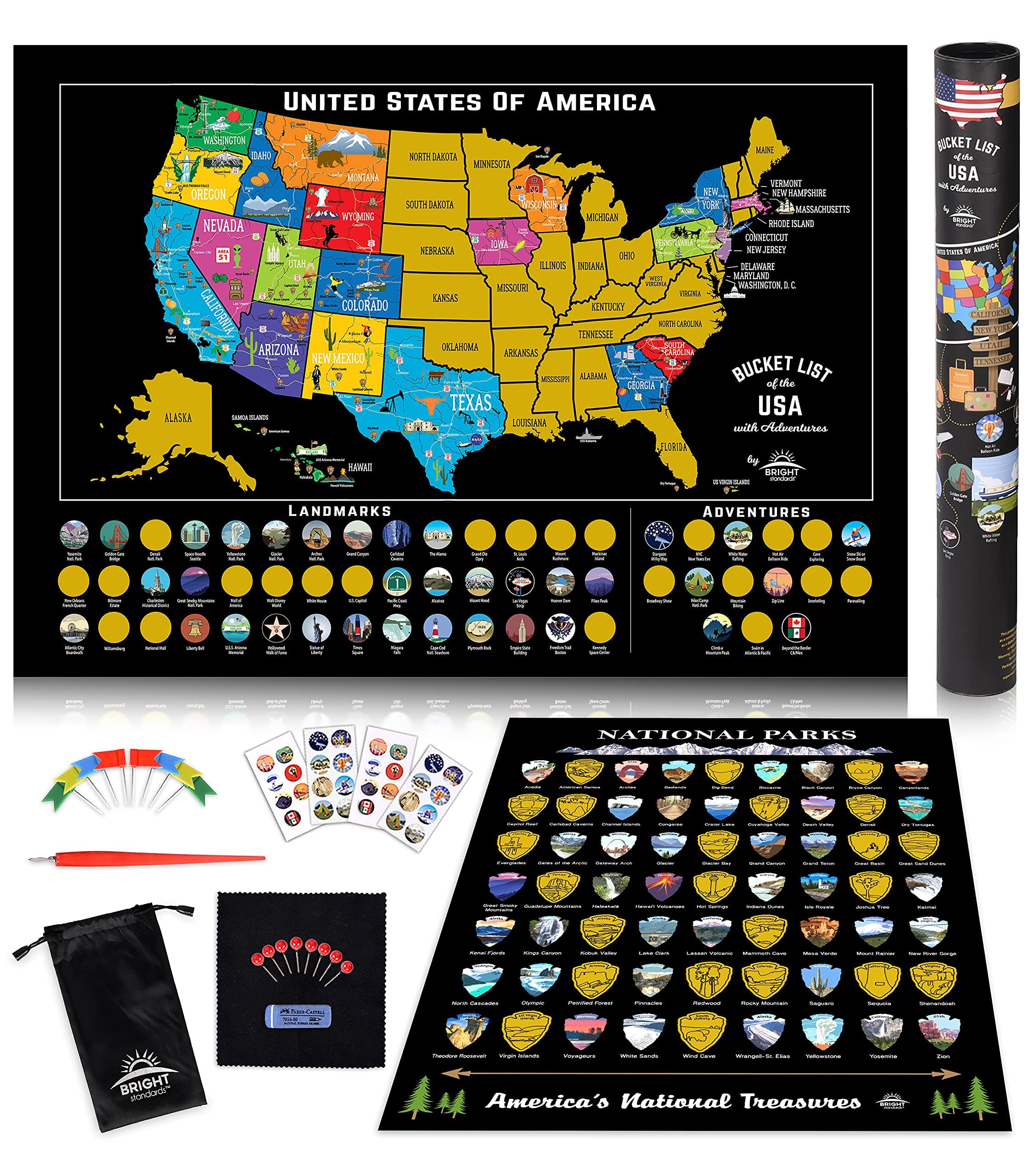 Bright Standards Scratch Off Map of The United States - Scratch Off USA Map Kit, 50 Pc Set, 85 Landmarks, US National Parks, Scratchable Adventure Maps Poster, Travel Journal, Gifts for Travelers