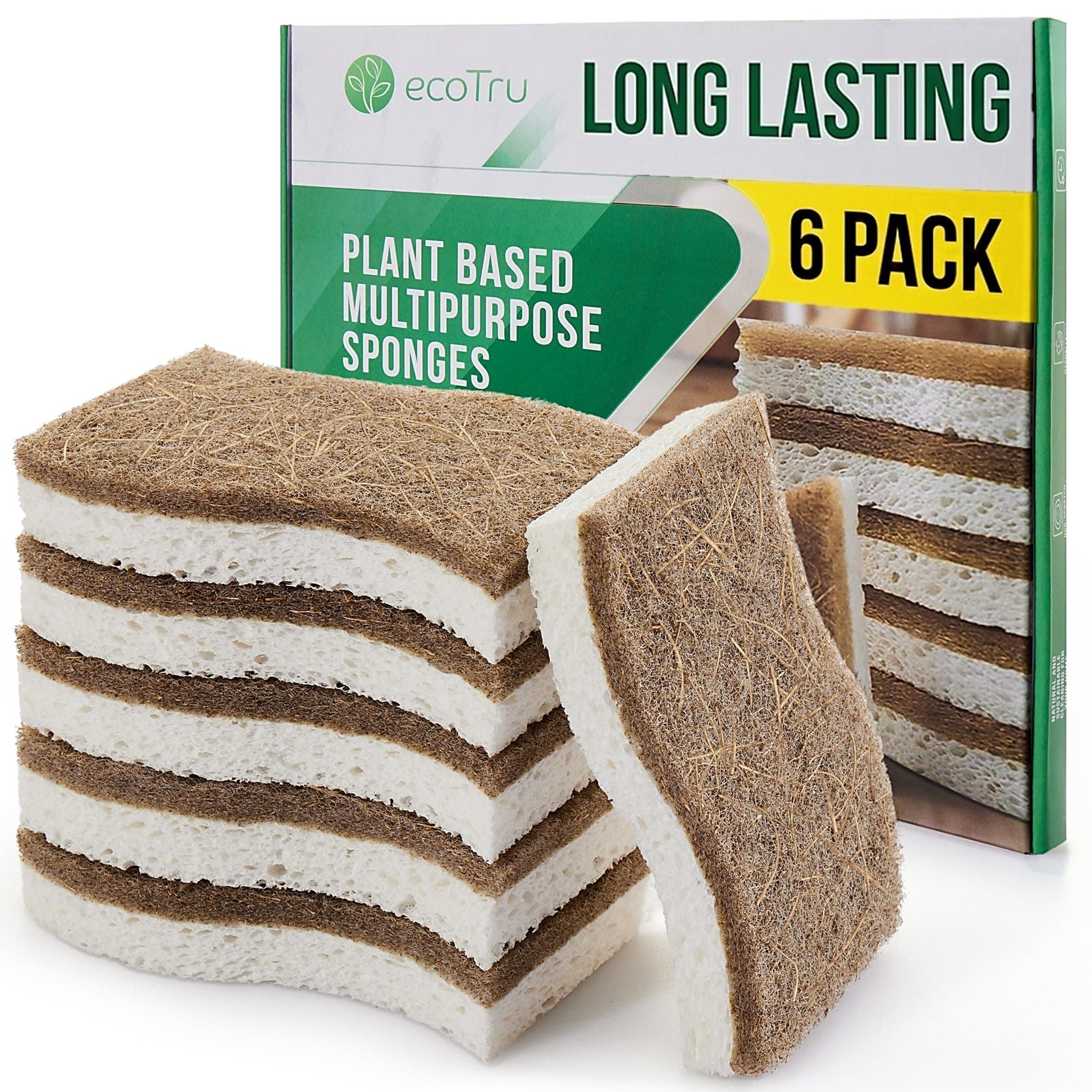 6 Pack Natural Kitchen Sponges, Compostable White Cellulose & Organic Coconut Scrubber Sponge for Washing Dishes, Kind Eco Friendly Non-Scratch & Biodegradable Dish Sponges