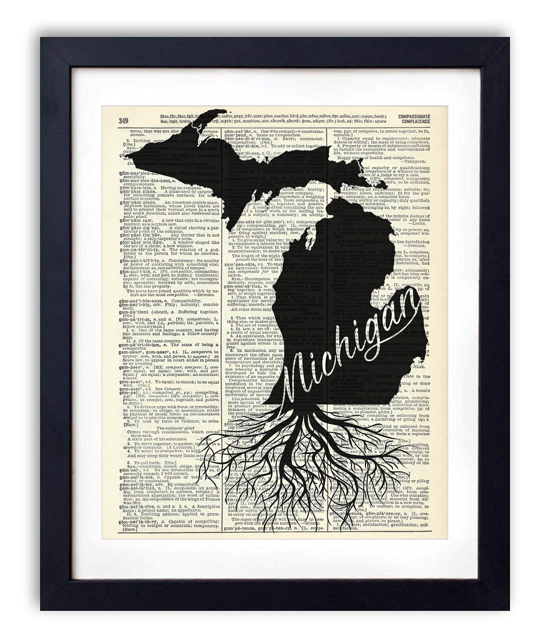 Michigan Home Grown Vintage Dictionary Art Print, Antique Wall Art Home Decor, Modern Boho Poster, Farmhouse Decoration Living Room Bedroom Office 8x10 Inches, Ready To Frame