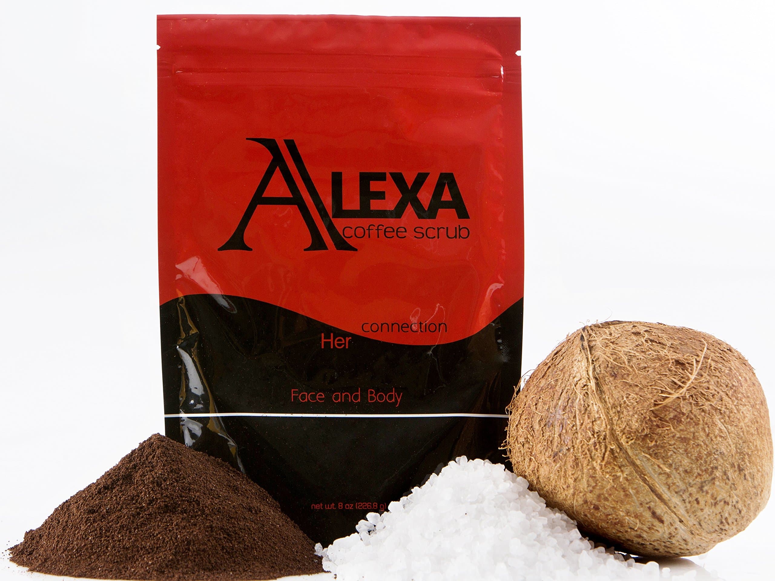 ALEXA: Organic KONA Coffee Scrub with Dead Sea Salt and Organic Olive Oil, Sweet Almond Oil, Grape Seed Oil, Shea Butter, & More (8oz)