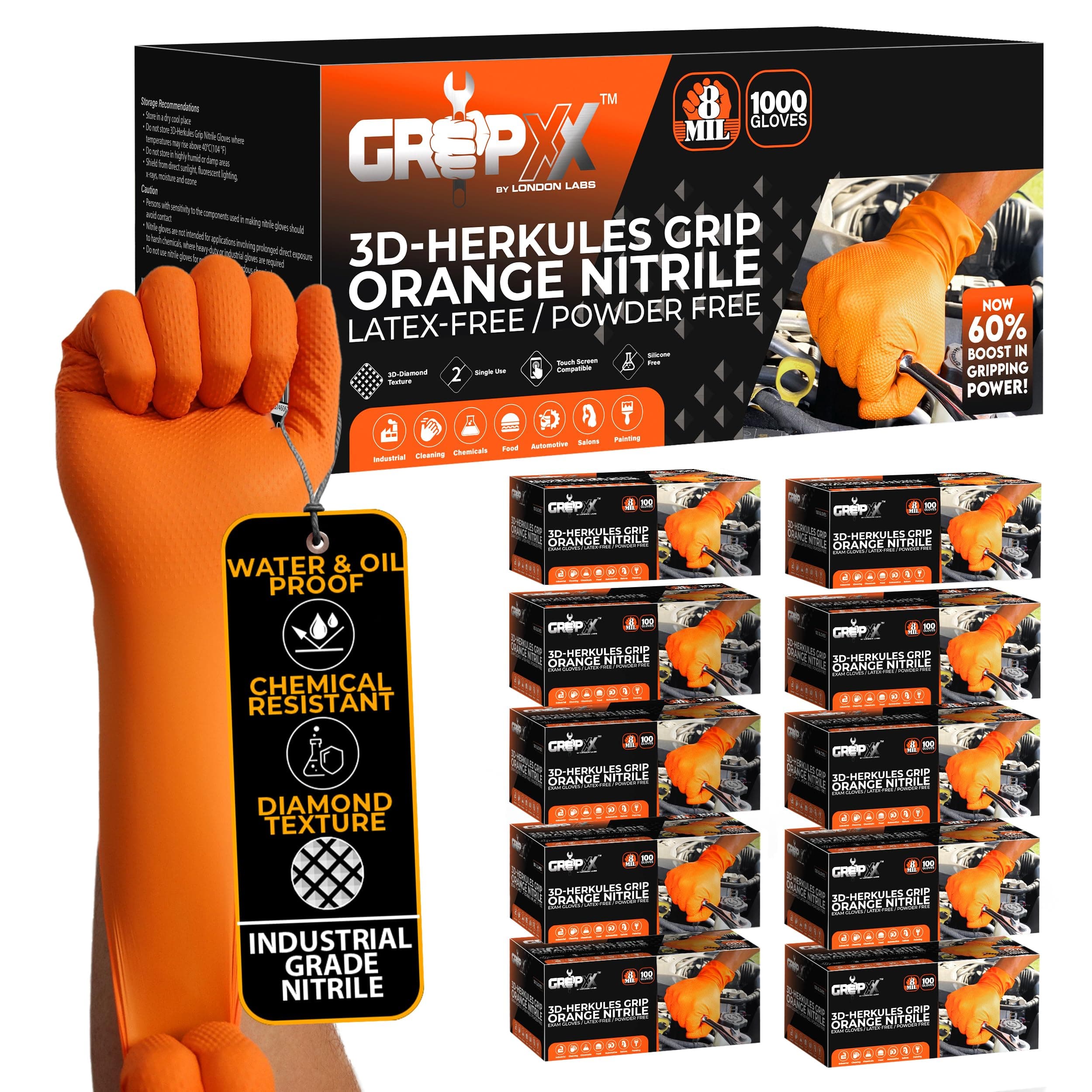 Herkules Grip Heavy Duty 8Mil Orange Nitrile Gloves,3D Raised Diamond Texture-Latex & Powder Free-Industrial, Mechanic (10, X-Large)