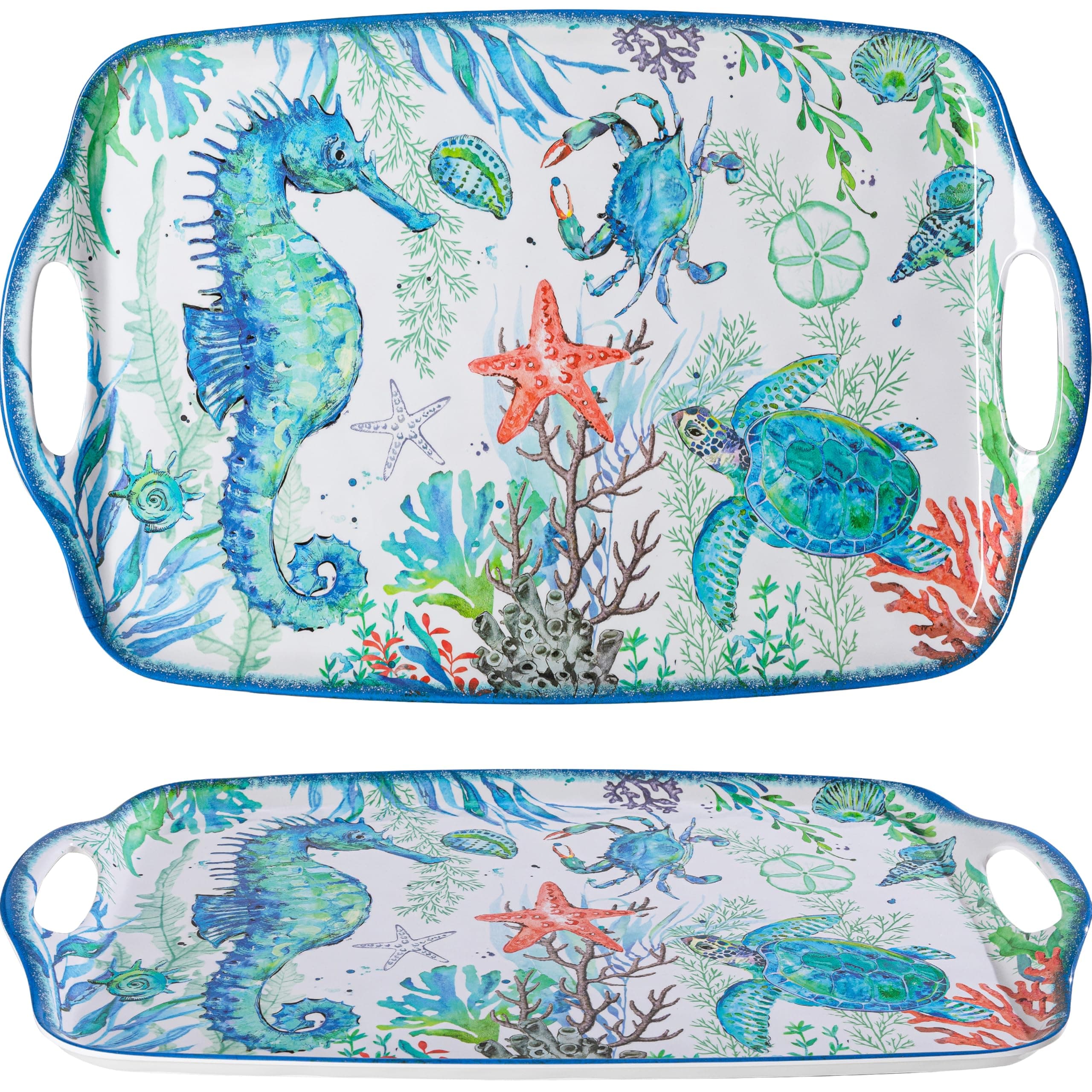 LEHAHA Serving Tray with Handles, Large Rectangular Melamine Serve Platter for Serve Food, Set of 2, 19 x 12 inch,Unbreakable Food Platter for Coffee Table, Ottoman Tray for Bedroom, Living Room.