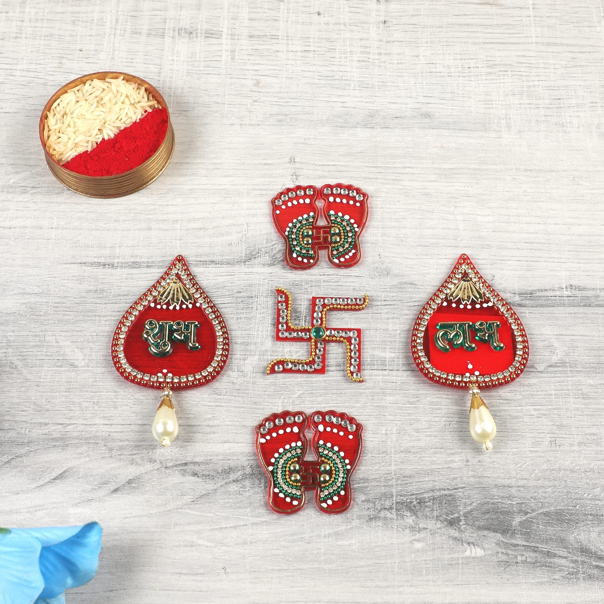 Itiha Shubh Labh, Lakshmi Feet Acrylic Showpiece - Hindu Swastika Decoration Set for Diwali, Haldi Kumkum, Puja Thali, Wedding Return Gifts - 5 Piece