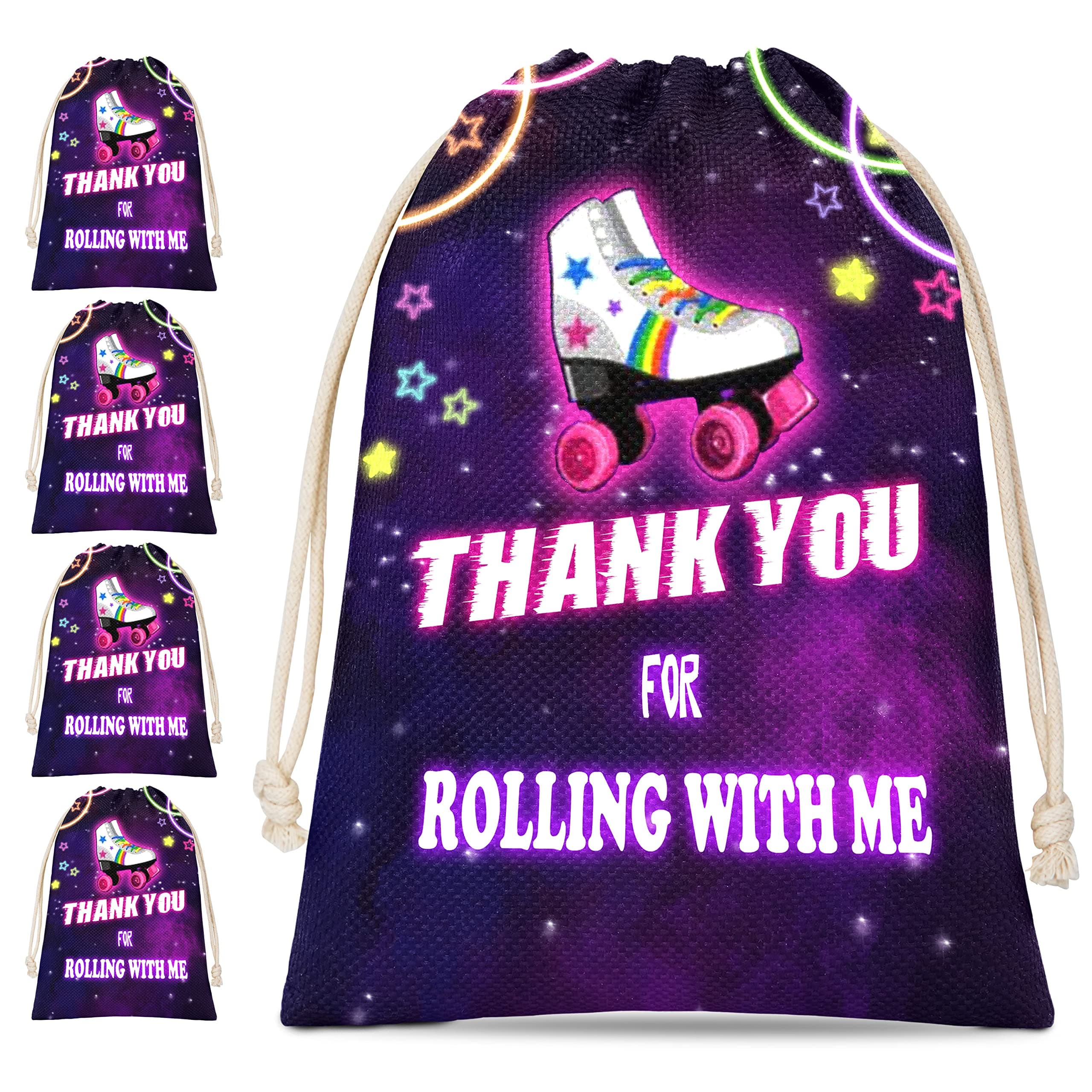 Disfuco Roller Skating Theme Party Bags, Roller Skate Neon Glow Party Favors Supplies, Gift Bags with Drawstring for Birthday Party, Baby Shower Decorations, 5 Pack(aa25)