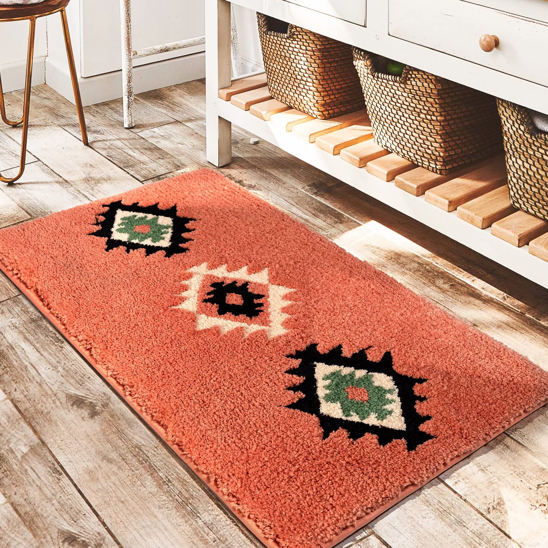 DEXDE Bathroom Rugs Boho Moroccan Bath Rug 20x32 Inches - Coral Red Geometric Non-Slip Quick Dry Bath Mat, Machine Washable Absorbent Soft Carpet for Bathroom